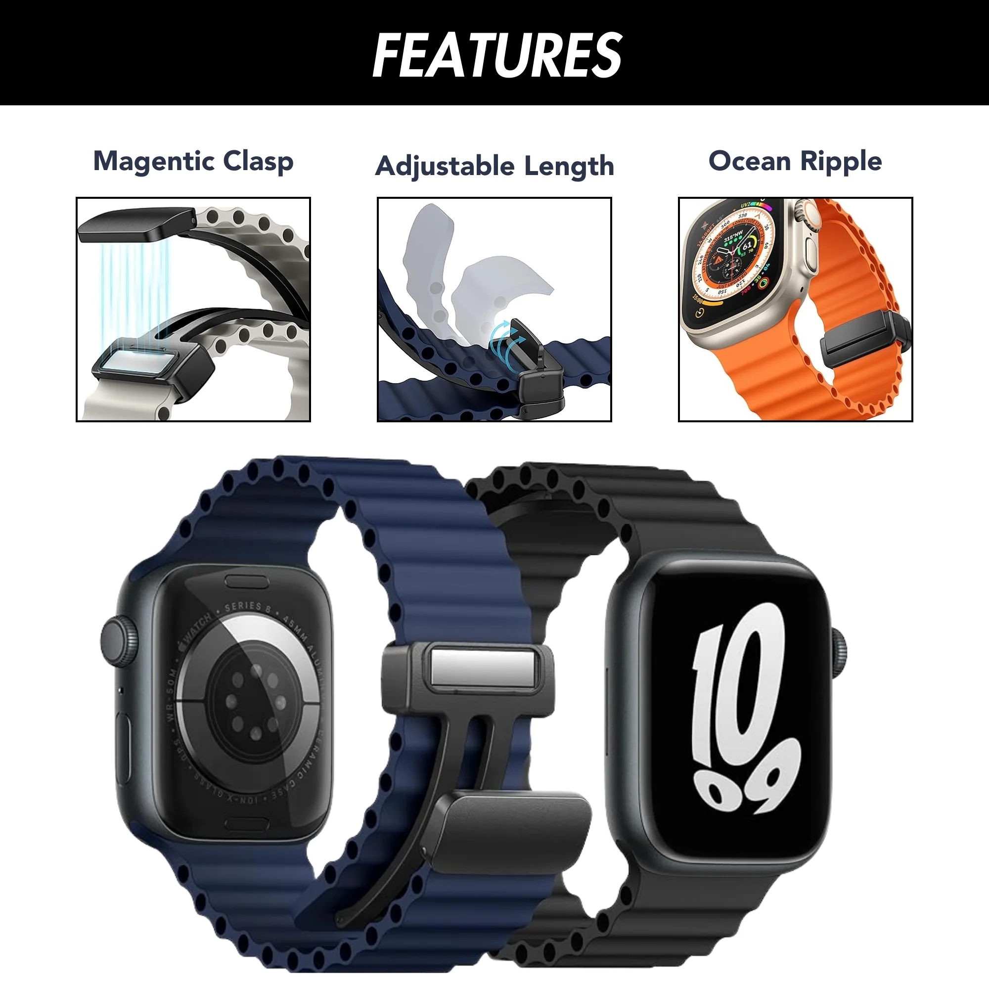 2 Pack - Magnetic Clasp Silicone Ocean Ripple Band for Apple Watch Ultra & Series 9/8/7/6 Black and Orange - 49mm/45mm/44mm/42mm |  Dial - Image 2