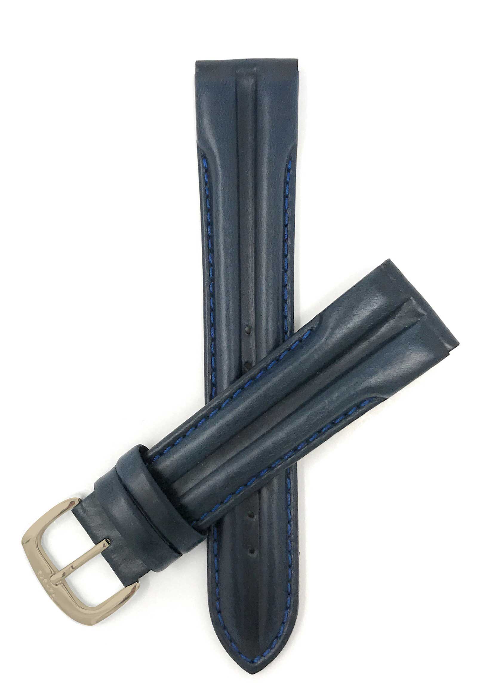 409 | 20mm Blue Leather Watch Band - Classic - Padded 20mm / Blue / Gold Buckle | Dial