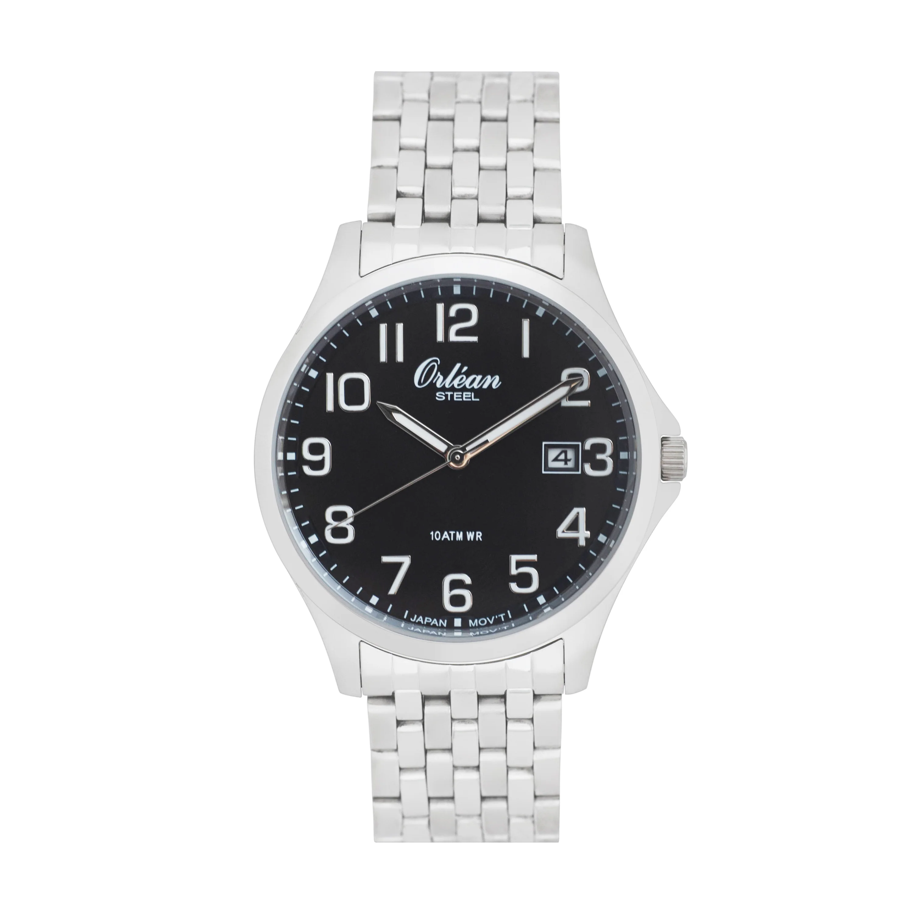 40mm Analog Easy Read Mens Watch, Full Stainless Steel, Japanese Quartz Movement, Date - ME3433 Silver / Black Dial | Black Dial
