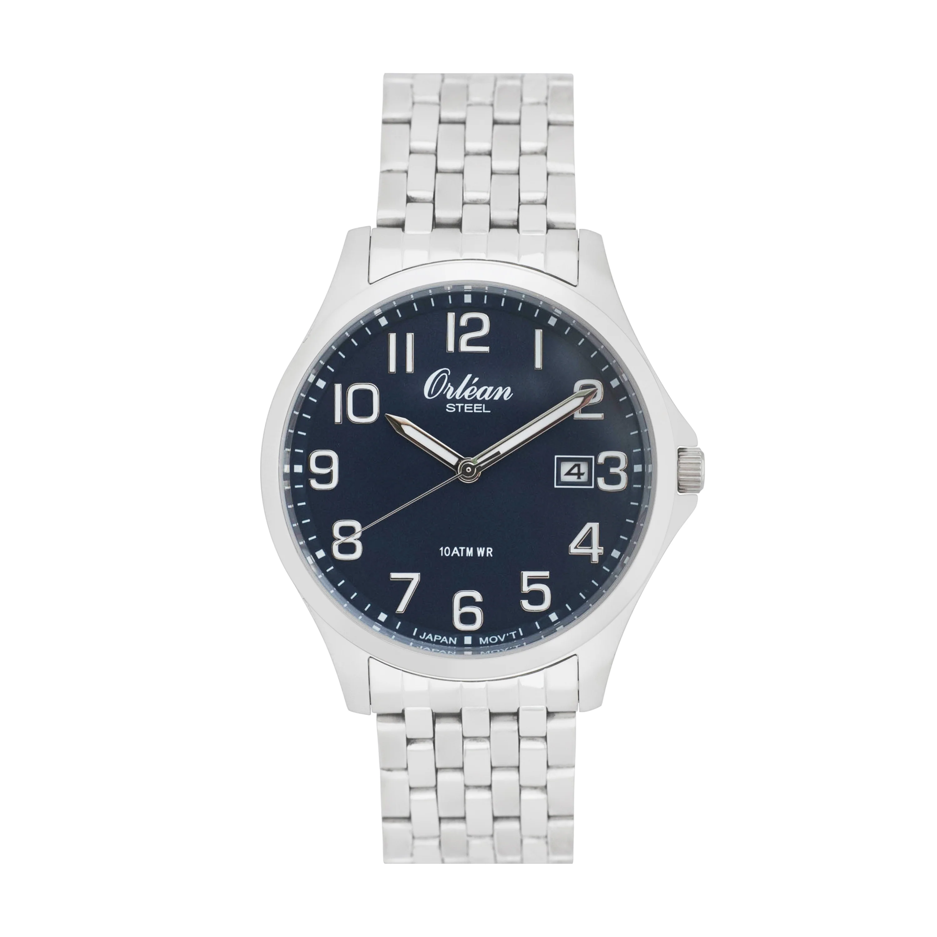 40mm Analog Easy Read Mens Watch, Full Stainless Steel, Japanese Quartz Movement, Date - ME3434 Silver / Blue Dial | Blue Dial