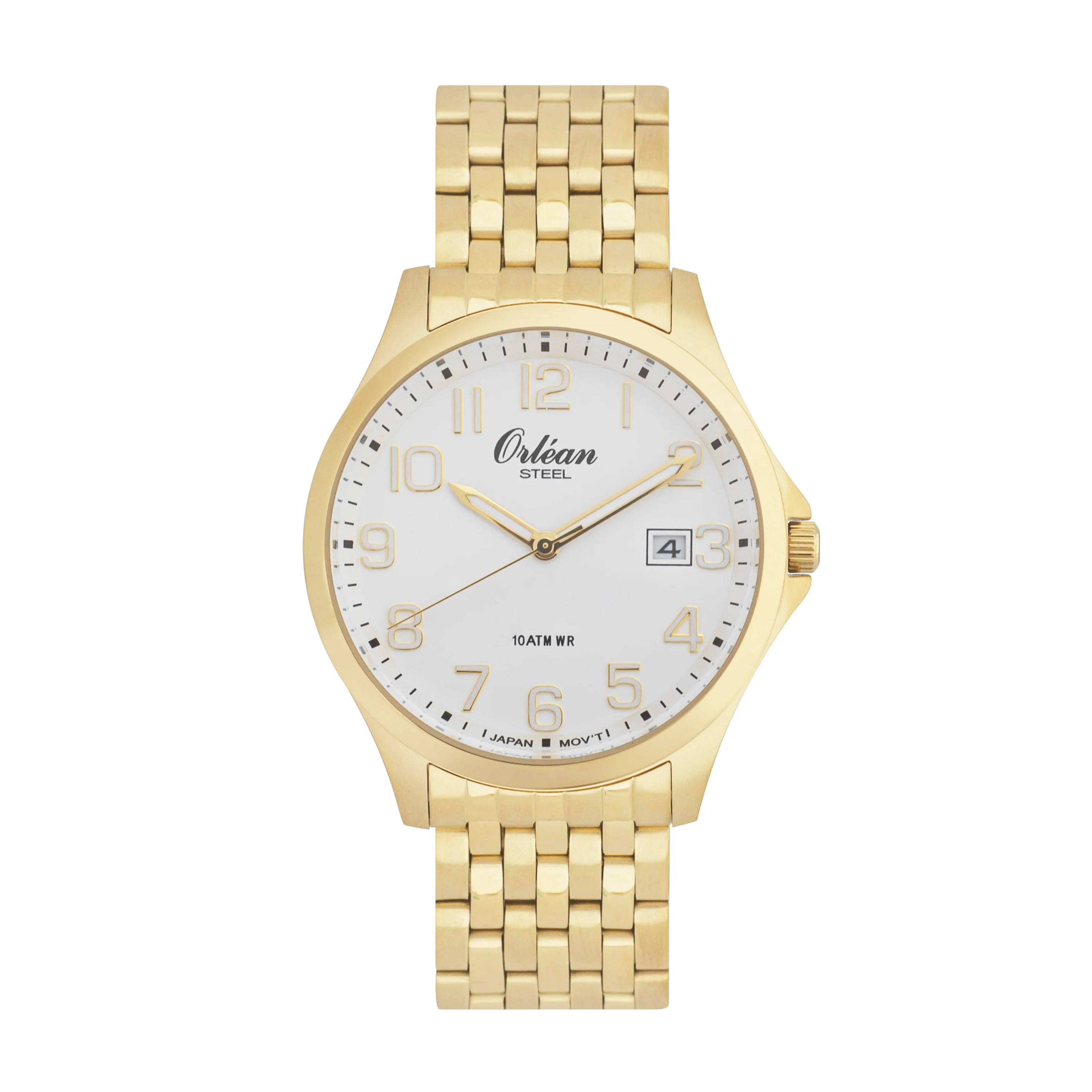 40mm Analog Easy Read Mens Watch, Full Stainless Steel, Japanese Quartz Movement, Date - ME3436 Gold / White Dial | White Dial