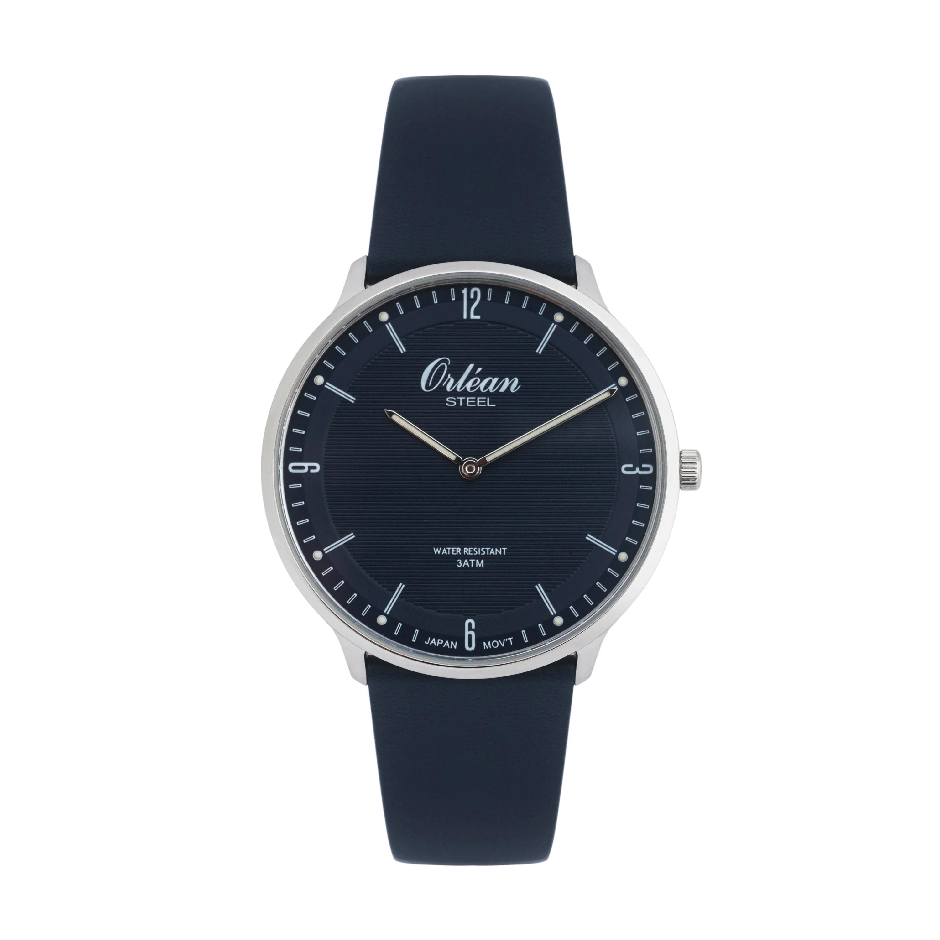 40mm Ultra Slim Analog Mens Watch, Leather Strap, Japanese Quartz Movement, Date - ME3445 Silver / Blue | Blue Dial