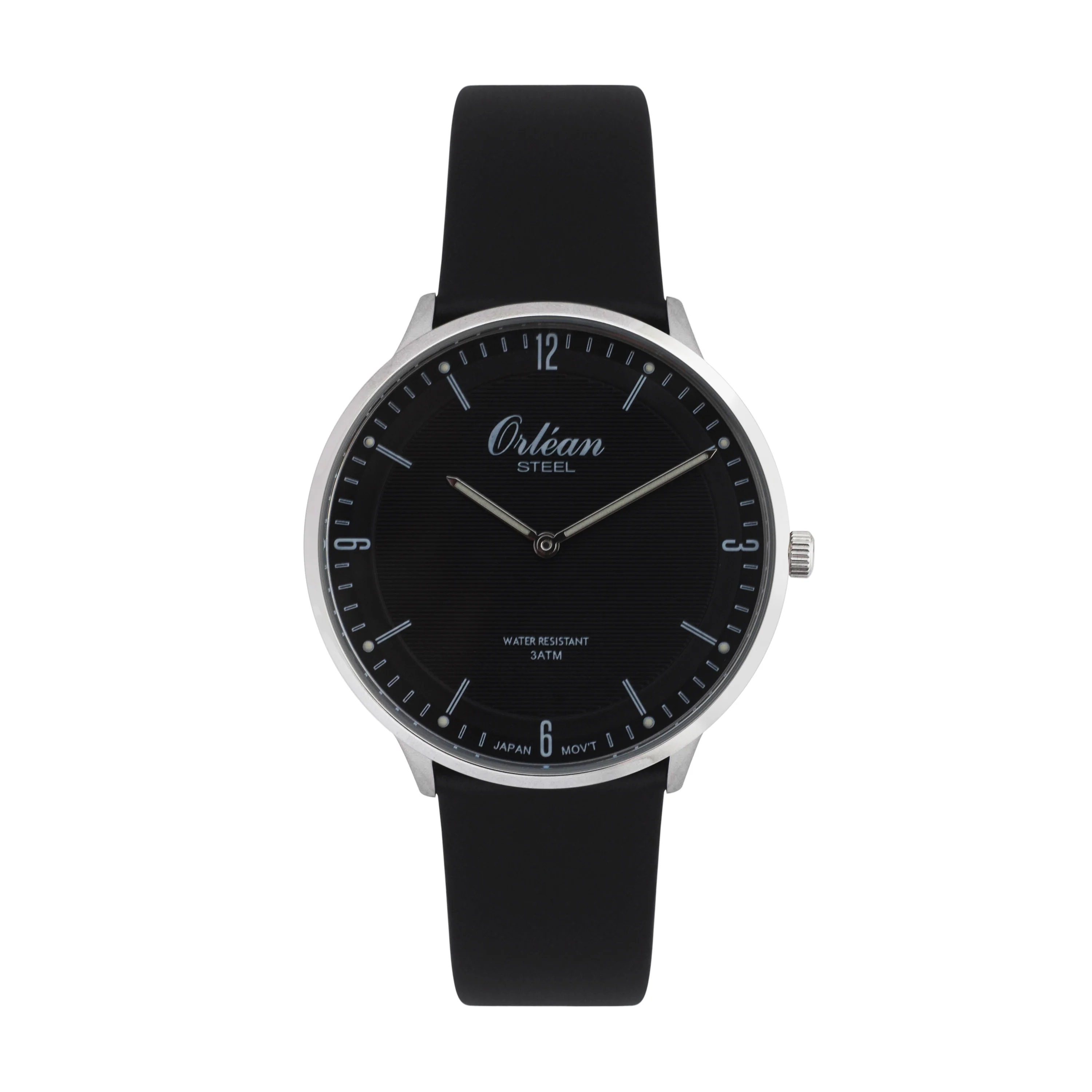 40mm Ultra Slim Analog Mens Watch, Leather Strap, Japanese Quartz Movement, Date - ME3446 Silver / Black | Black Dial
