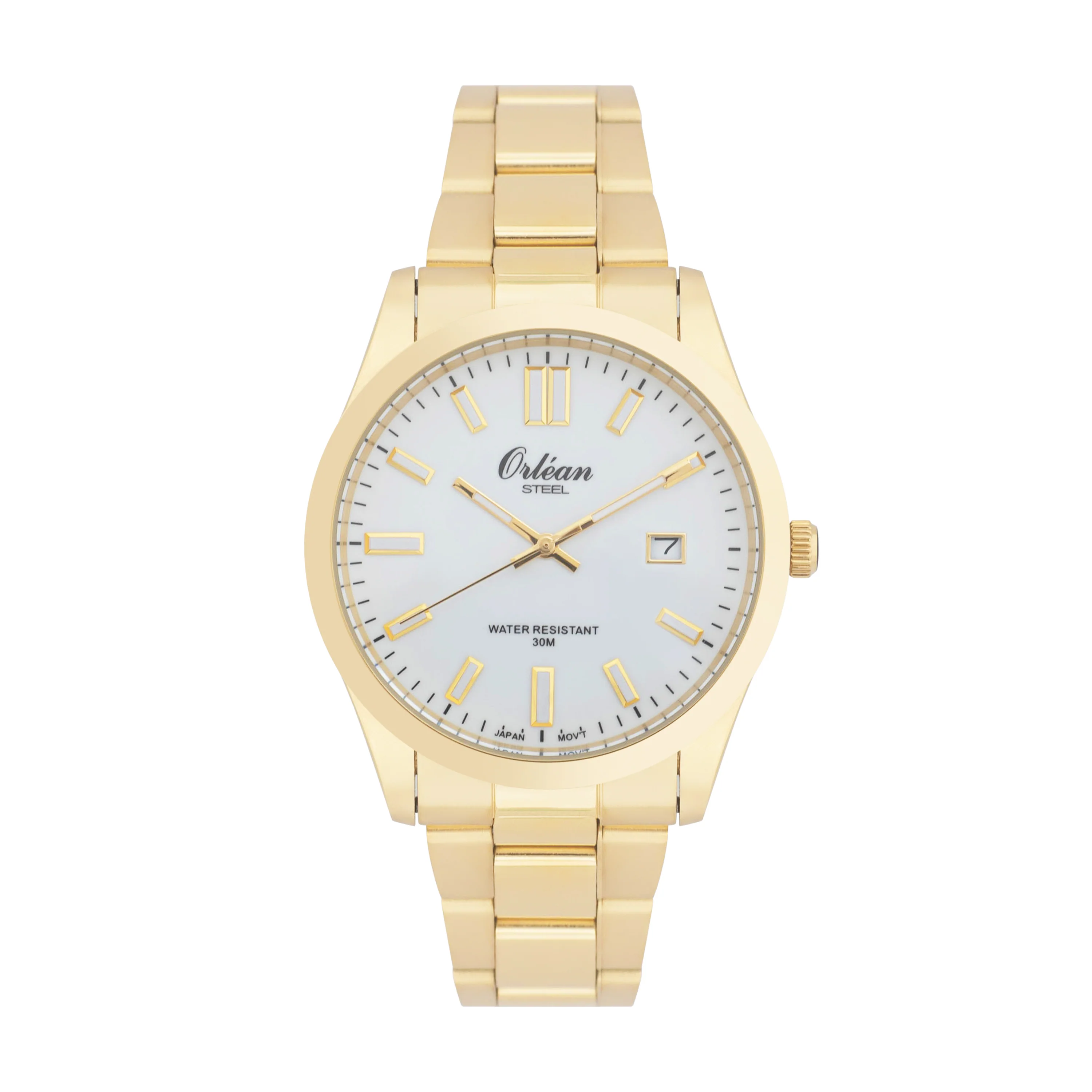 41mm Analog Mens Watch, Full Stainless Steel, Japanese Quartz Movement, Date - ME3419 Gold / White Dial | White Dial