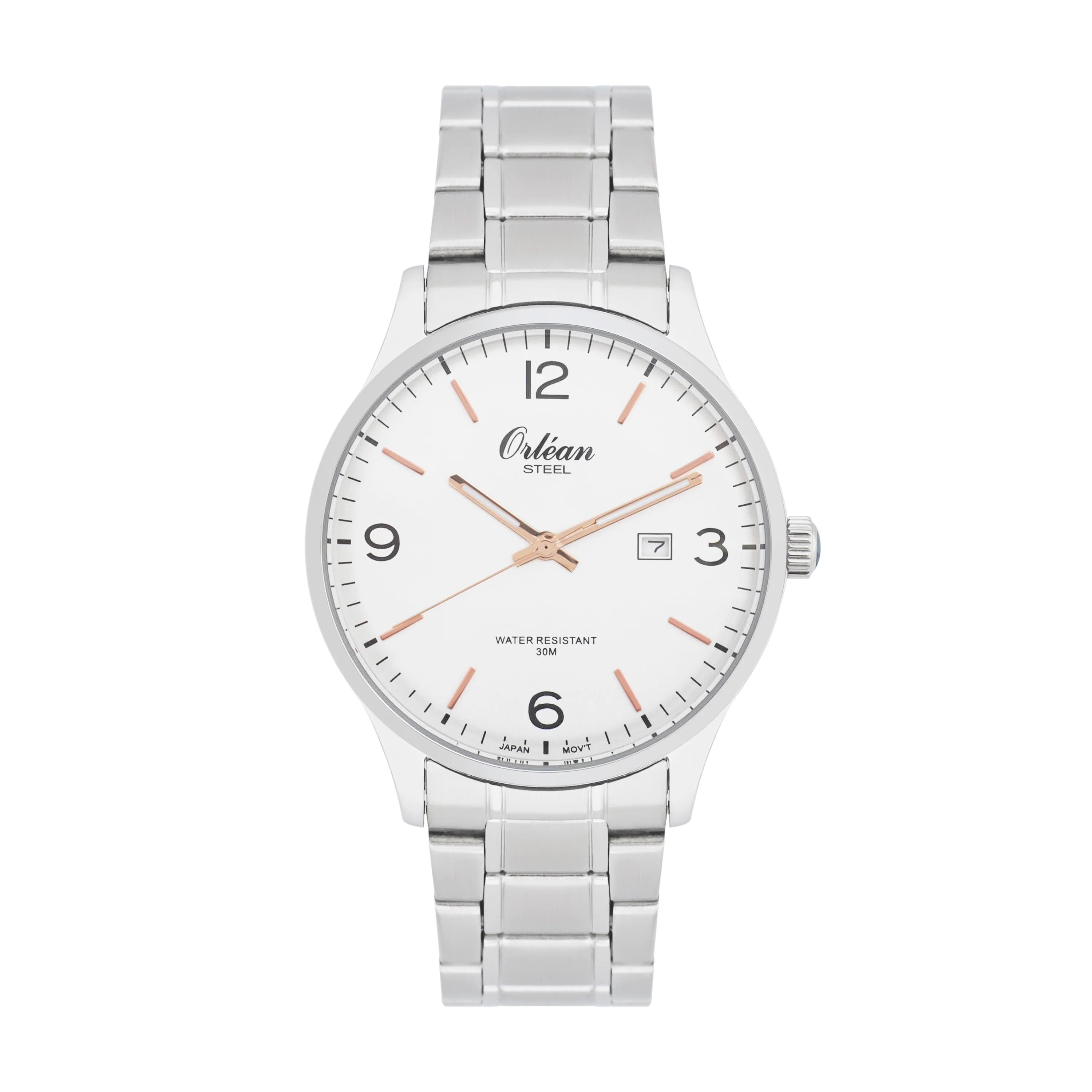 41mm Analog Mens Watch, Full Stainless Steel, Japanese Quartz Movement, Date - ME3427 Silver / White Dial | White Dial