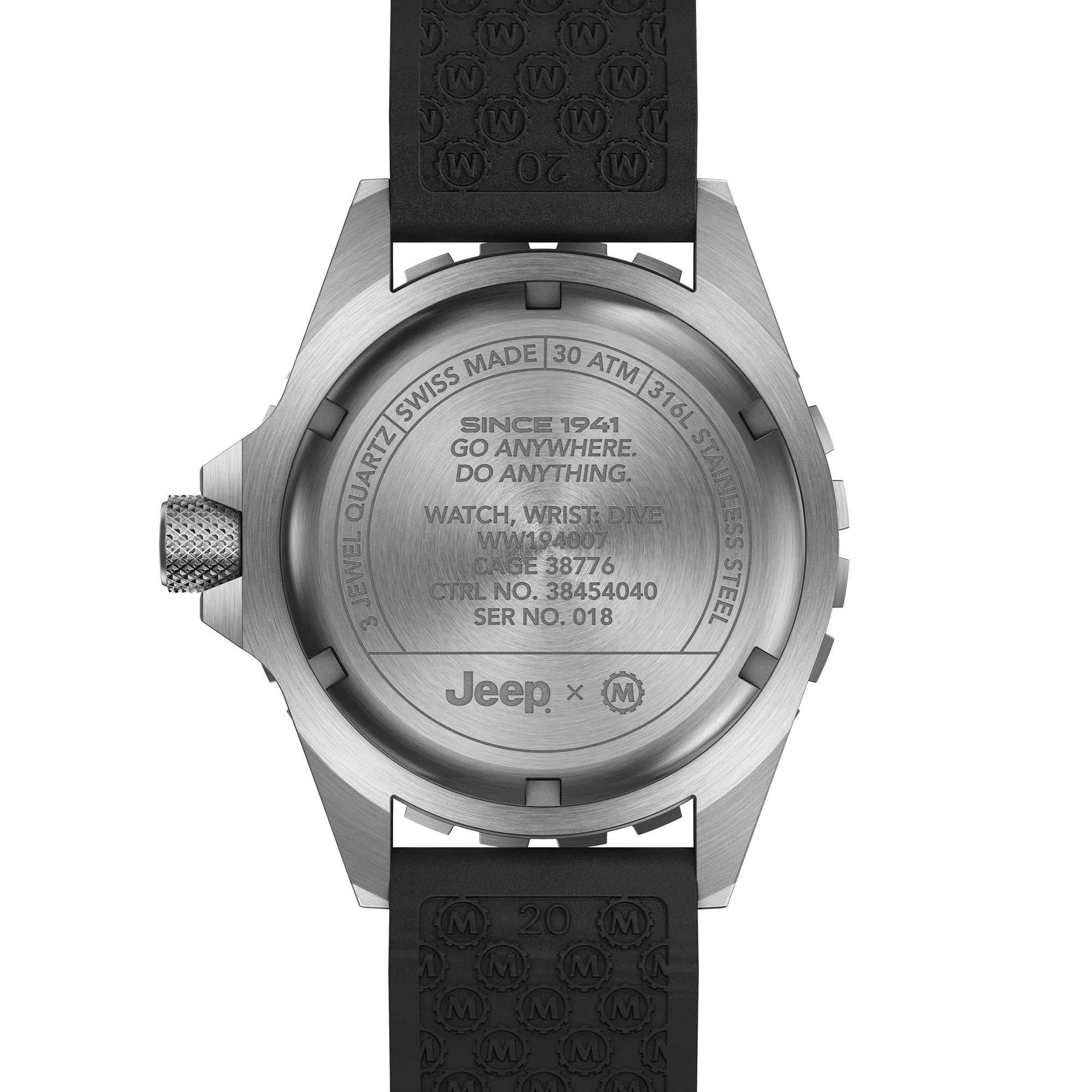 41mm JEEP RUBICON TSAR, SS, COL: SS/BKSS 3PC RUBBER JEEP TSAR ON BLACK 3PC RUBBER STRAP | Black Dial - Image 5
