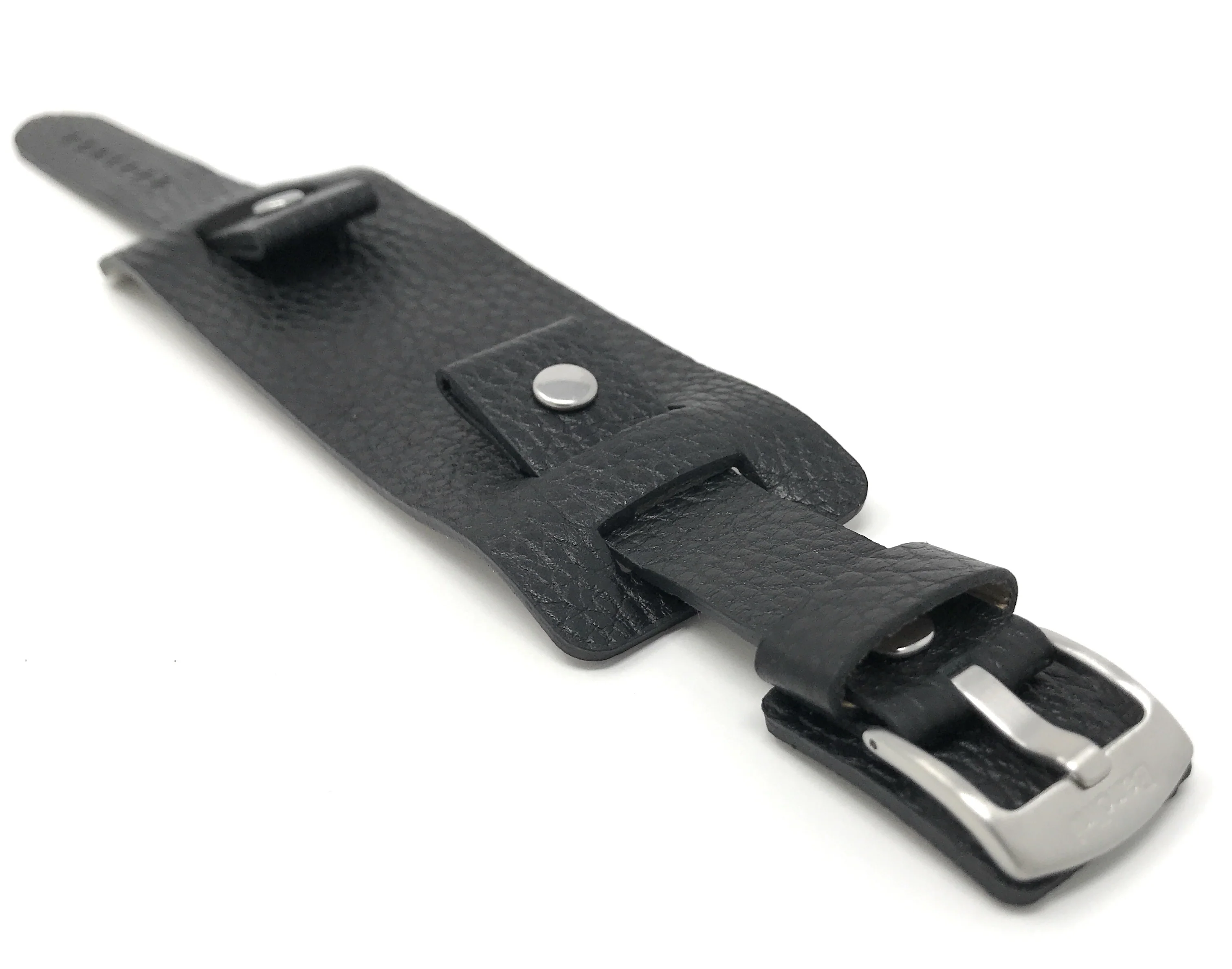 425 | 20mm Black Mens Leather Band Wrist Cuff, Rectangular Bund Strap 20mm / Black / Silver Buckle | Dial