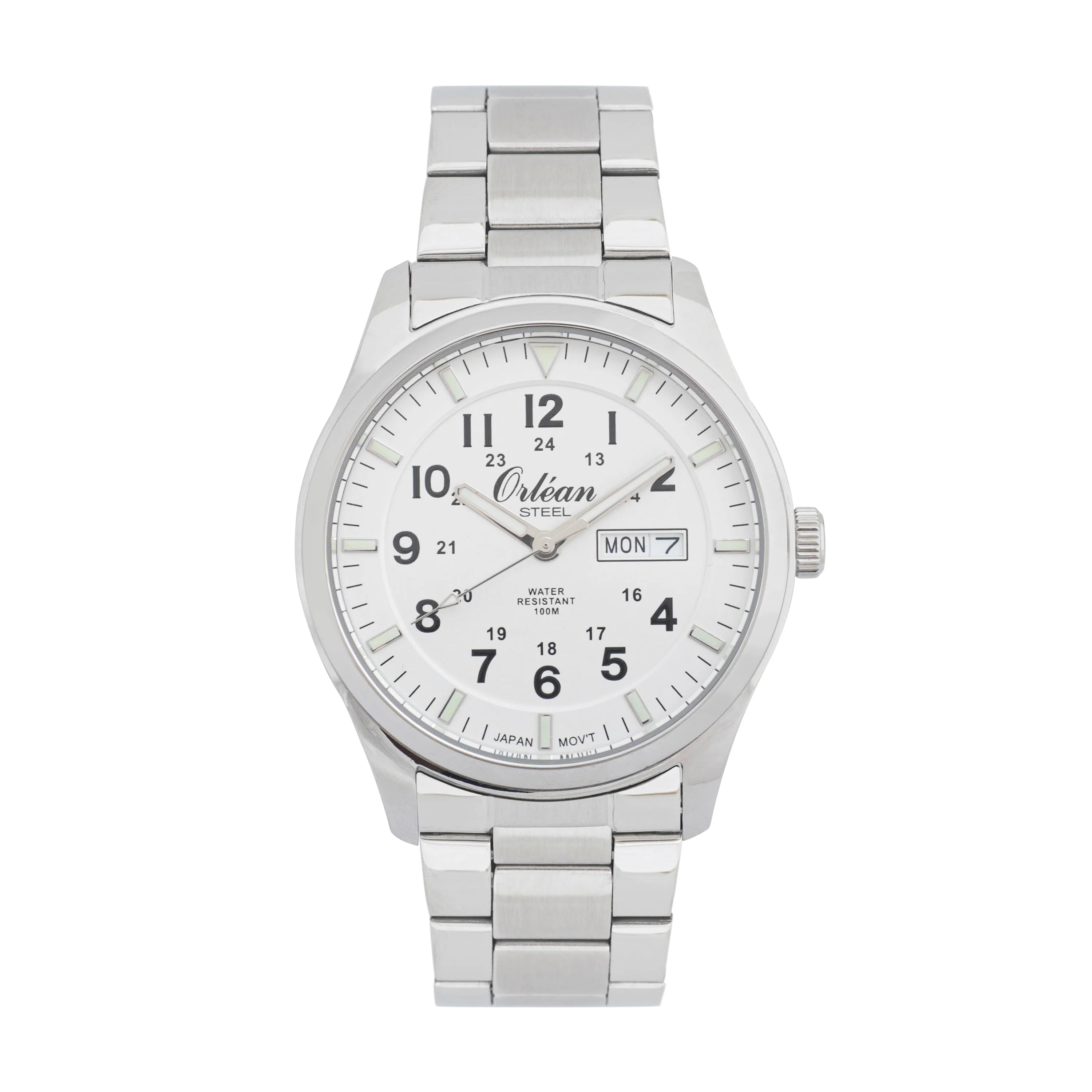 42mm Analog Mens 12h/24h Watch, Full Stainless Steel, Japanese Quartz Movement, Day / Date - ME3453 Silver / White Dial | White Dial