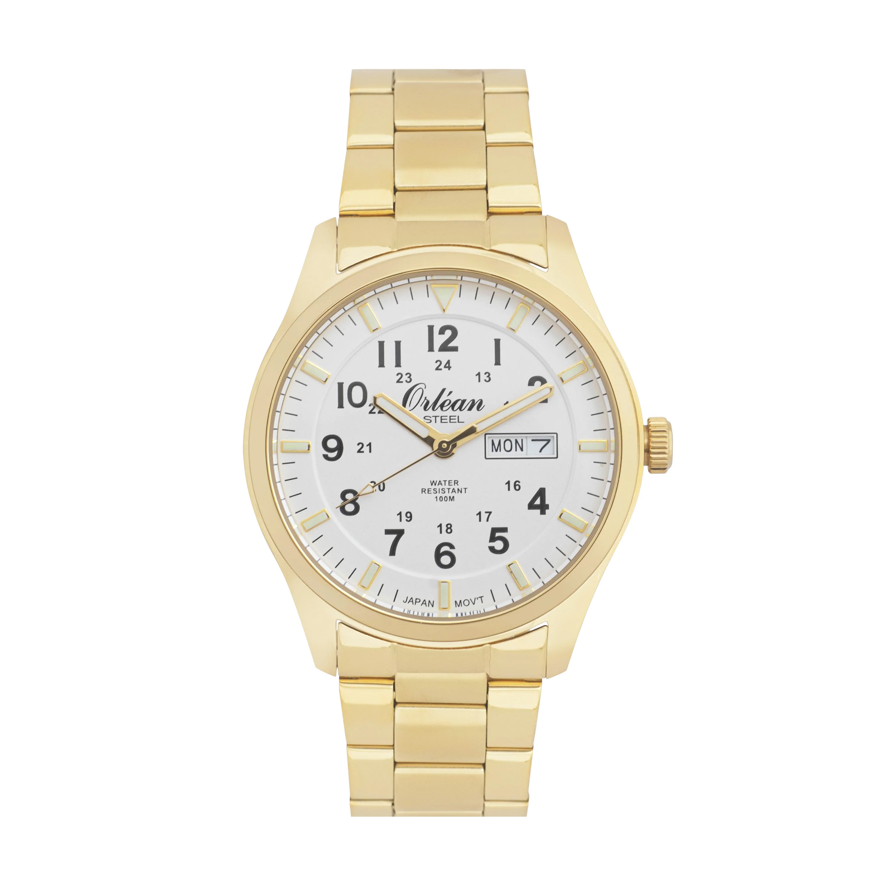 42mm Analog Mens 12h/24h Watch, Full Stainless Steel, Japanese Quartz Movement, Day / Date - ME3454 Gold / White Dial | White Dial