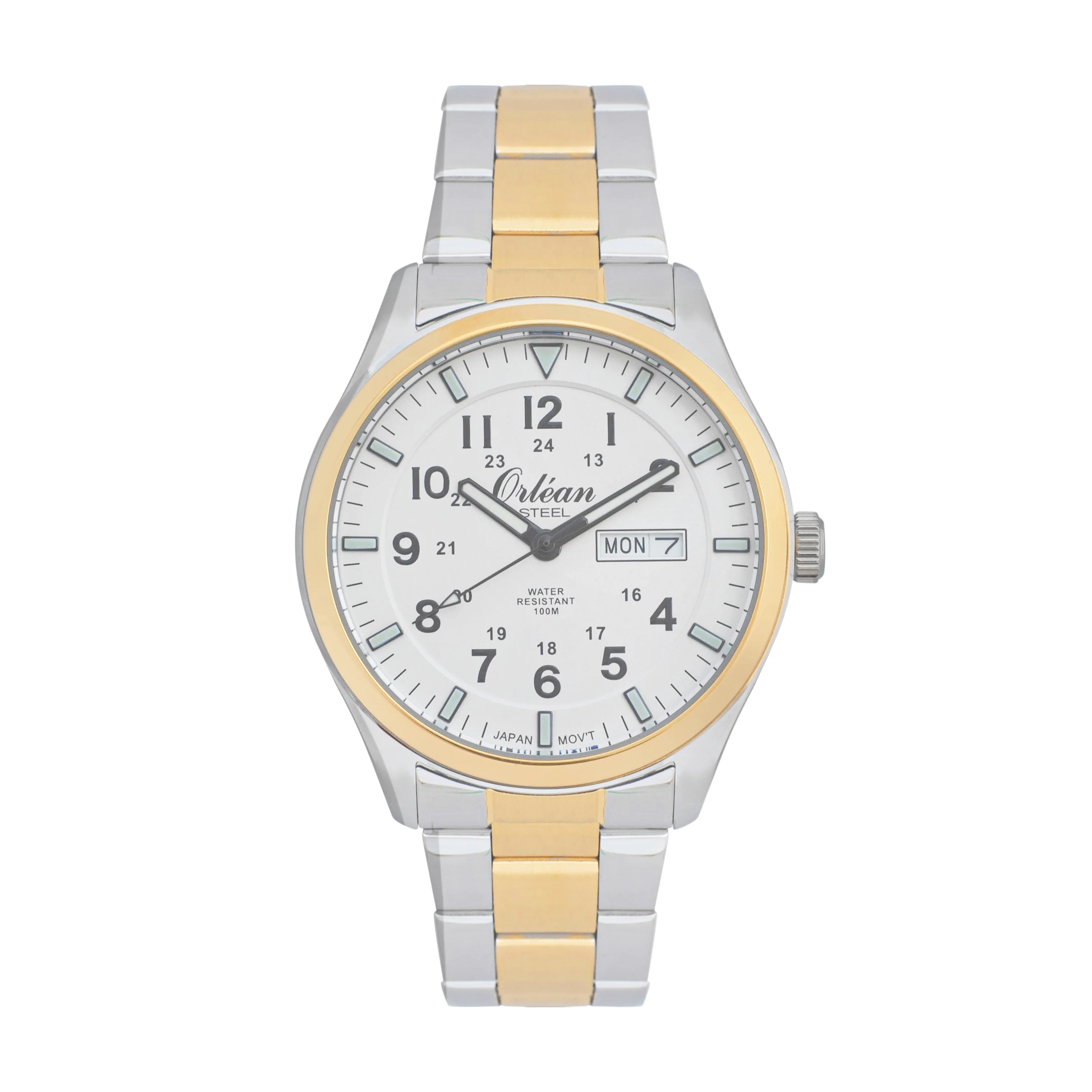 42mm Analog Mens 12h/24h Watch, Full Stainless Steel, Japanese Quartz Movement, Day / Date - ME3455 Two-Tone / White Dial | White Dial