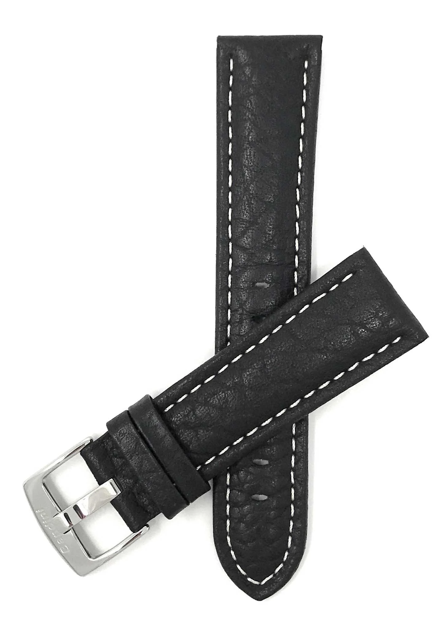 502 | 24mm Black Italian Leather Watch Band - Buffalo Pattern - Padded 24mm / Black / Silver Buckle | Dial