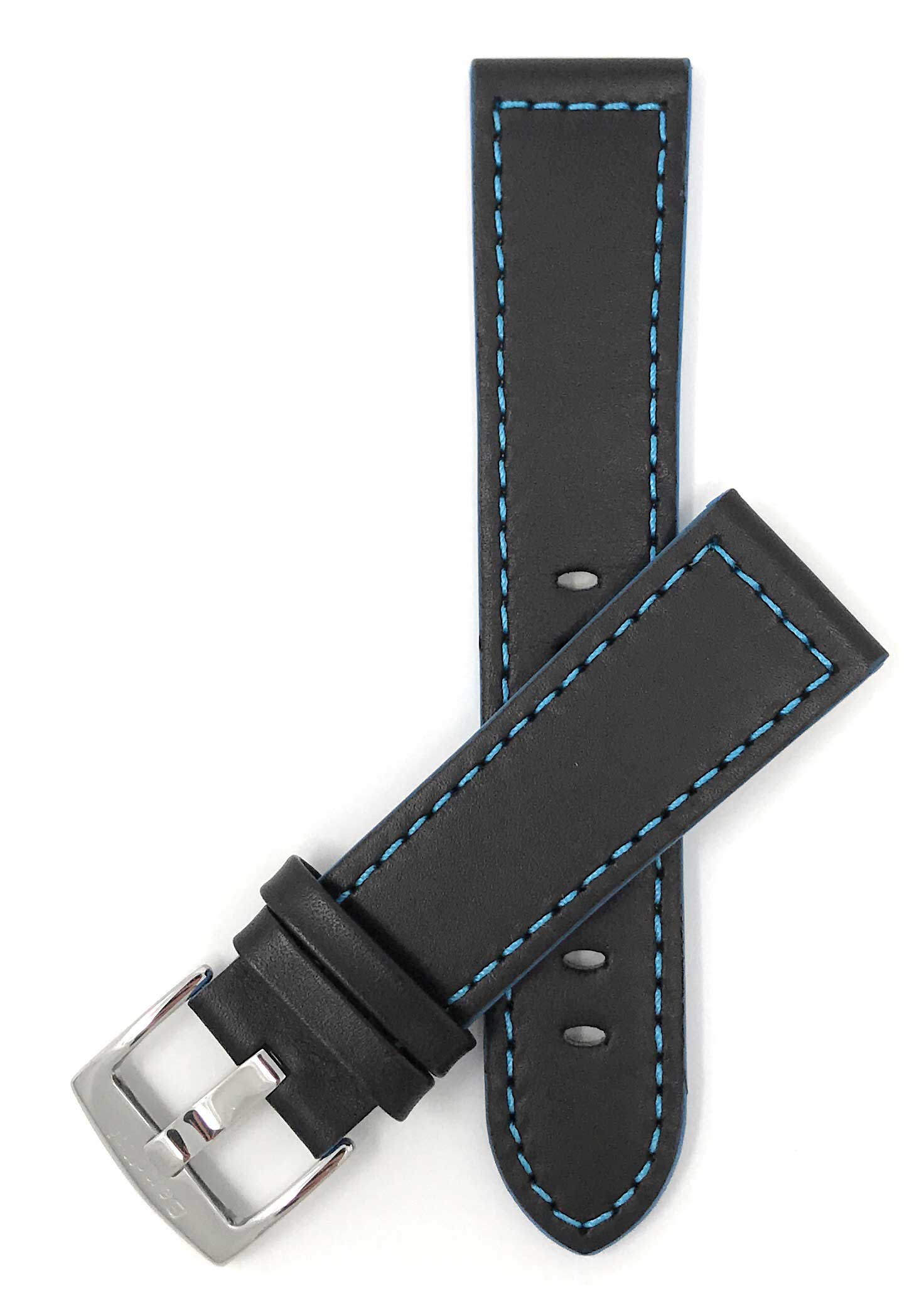 506 | 24mm Black / Blue Italian Leather Watch Band - Racer - Padded 24mm / Black / Blue / Silver Buckle | Dial