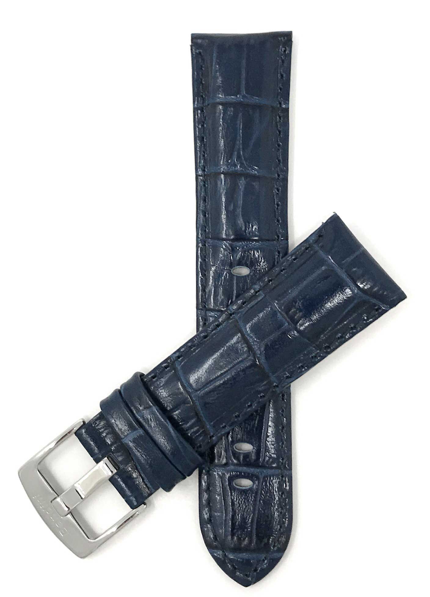 508 | 22mm Blue Italian Leather Watch Band - Alligator Pattern - Semi-Padded - Glossy 22mm / Blue / Silver Buckle | Dial