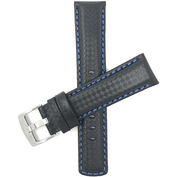 530 | 20mm Black and Blue Mens Leather Carbon Fiber Pattern Watch Band 20mm / Black and Blue / Silver Buckle