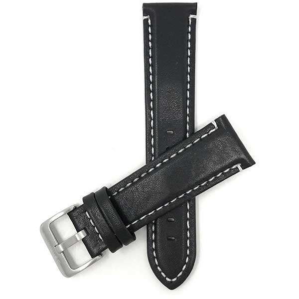 850s | 24mm Black Mens Waterproof Leather Watch Straps, White Stitch 24mm / Black / Silver Buckle | Dial