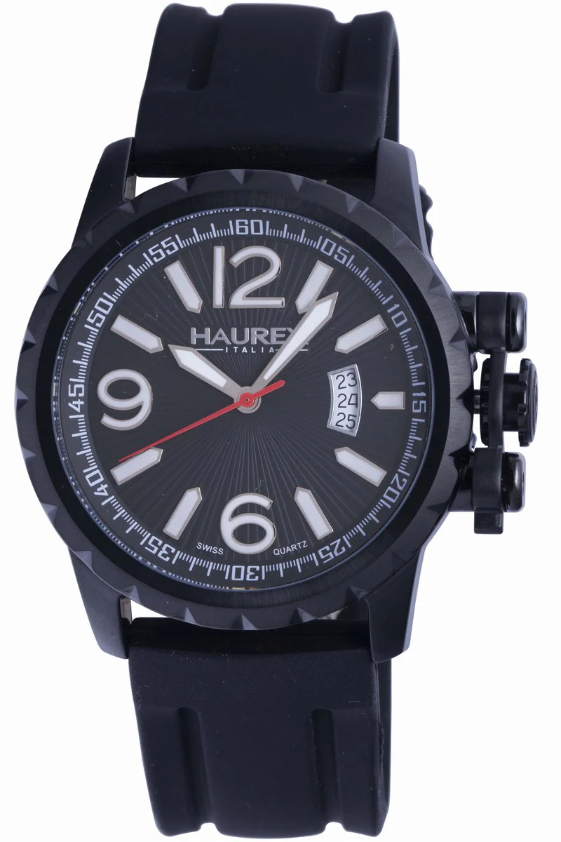 Aeron Haurex Italy Swiss Movement Big Date Crown Protector Black Rubber Luminous Watch | Black Dial