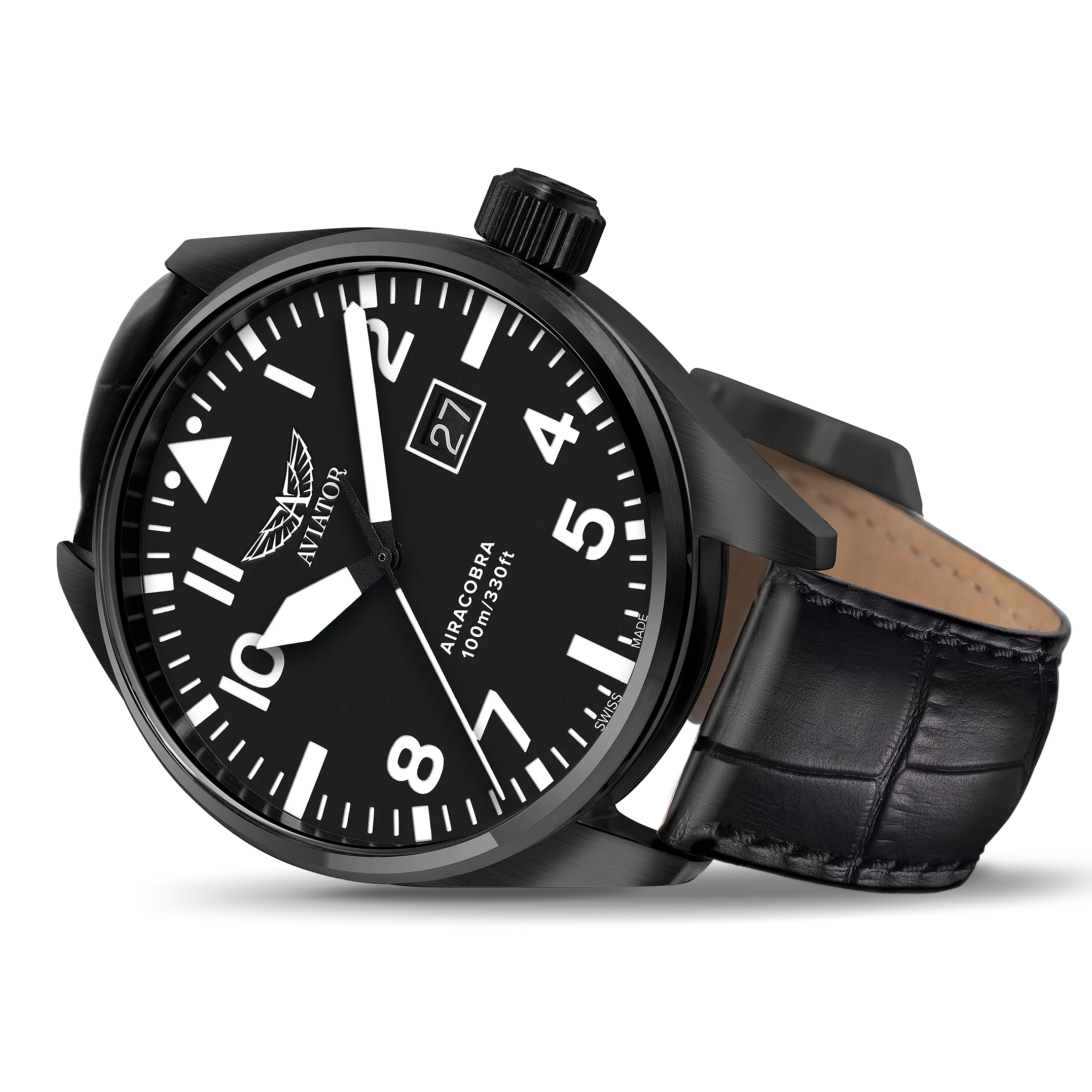 AIRACOBRA P42 Black Calf Leather Strap | Black Dial - Image 2