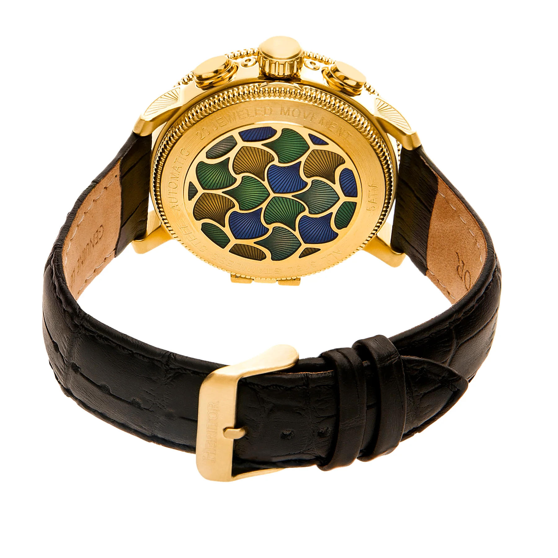 Aura Semi-Skeleton Genuine Leather-Band Watch Gold/White | Multi-colored Dial - Image 2