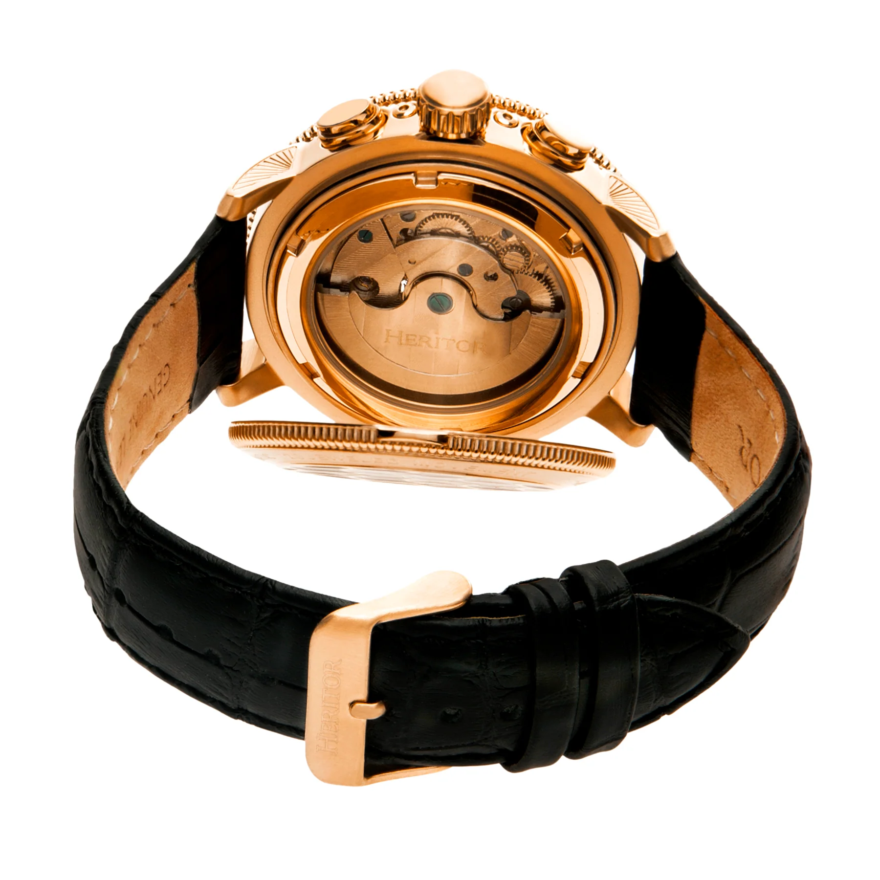 Aura Semi-Skeleton Genuine Leather-Band Watch Rose Gold/White | Multi-colored Dial - Image 3
