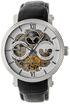 Automatic Aries Skeleton Leather Band Watch Black / White | Silver-white Dial - Image 4