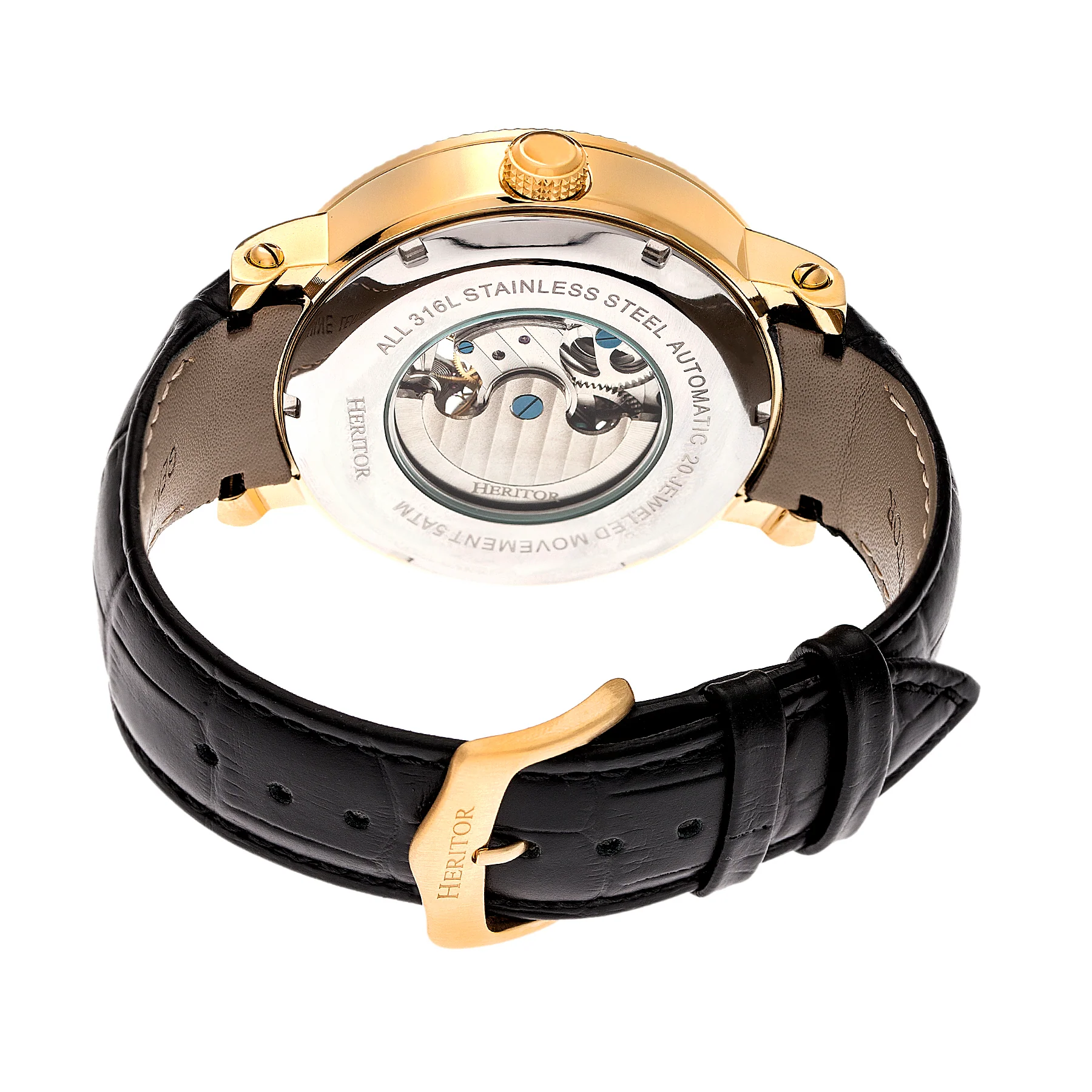 Automatic Aries Skeleton Leather Band Watch Black/Gold | Silver Dial - Image 2
