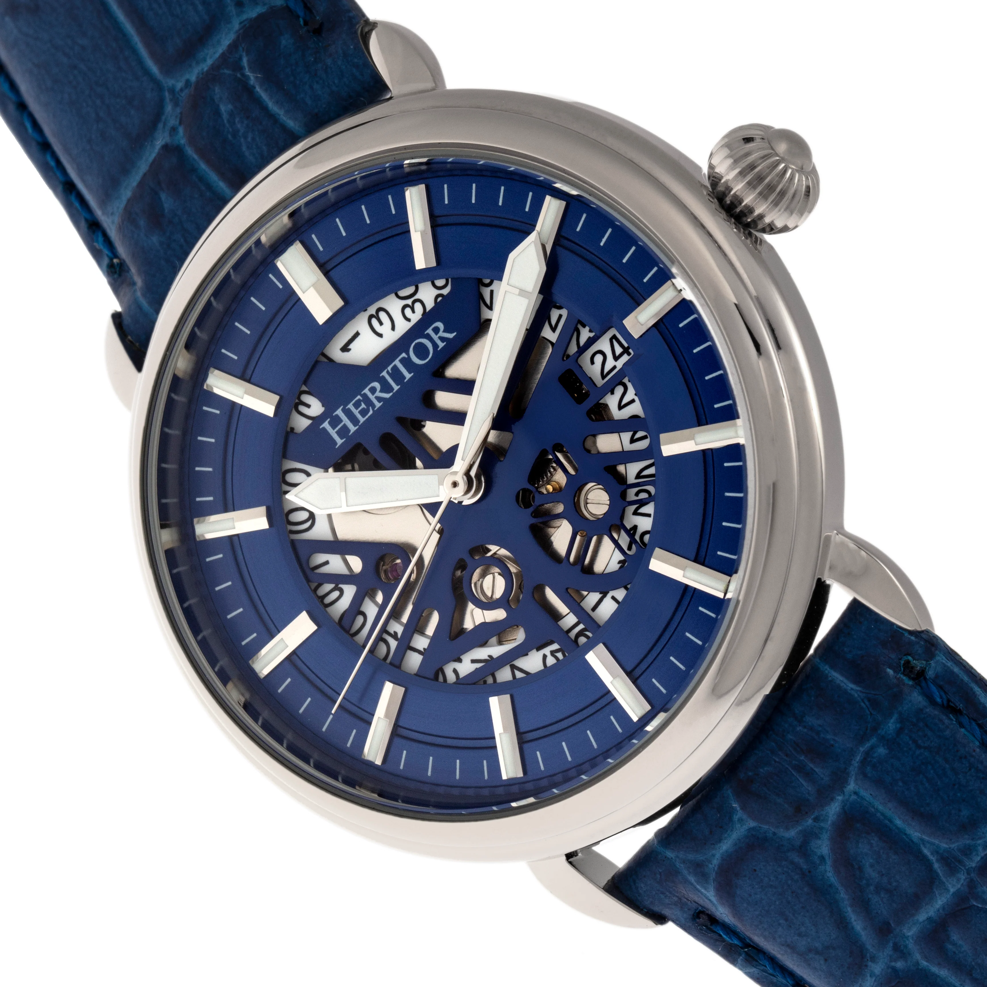 Automatic Mattias Leather Band Watch w/ Date Silver / Blue - Japan Auto Blue Dial - Image 3