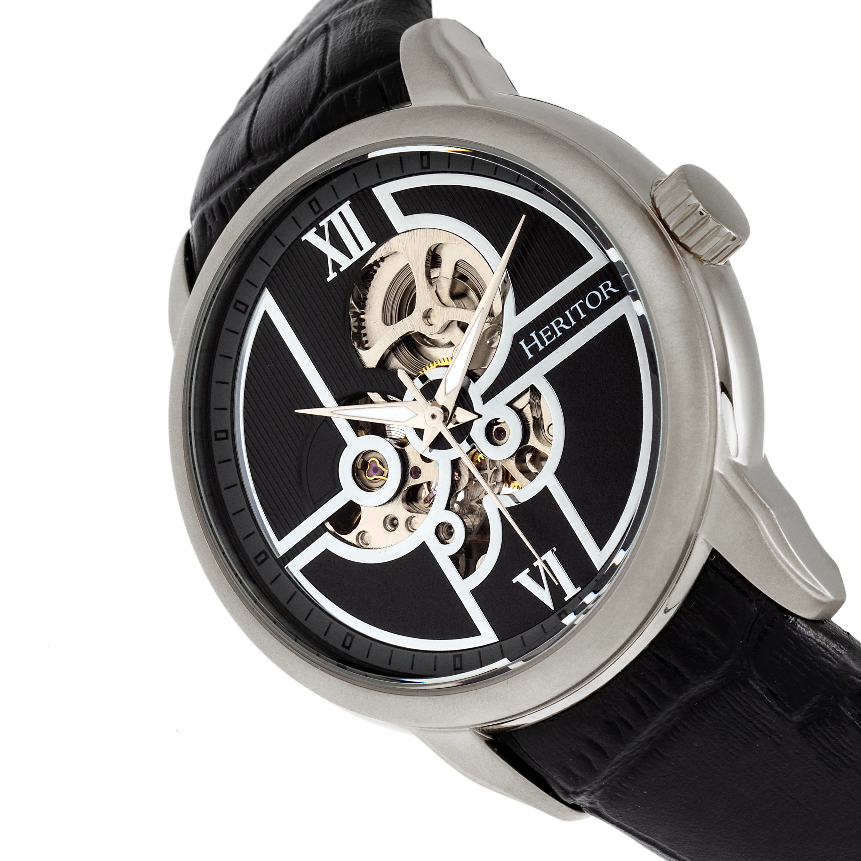 Automatic Sanford Semi-Skeleton Leather-Band Watch Silver/Black | Black Dial - Image 3
