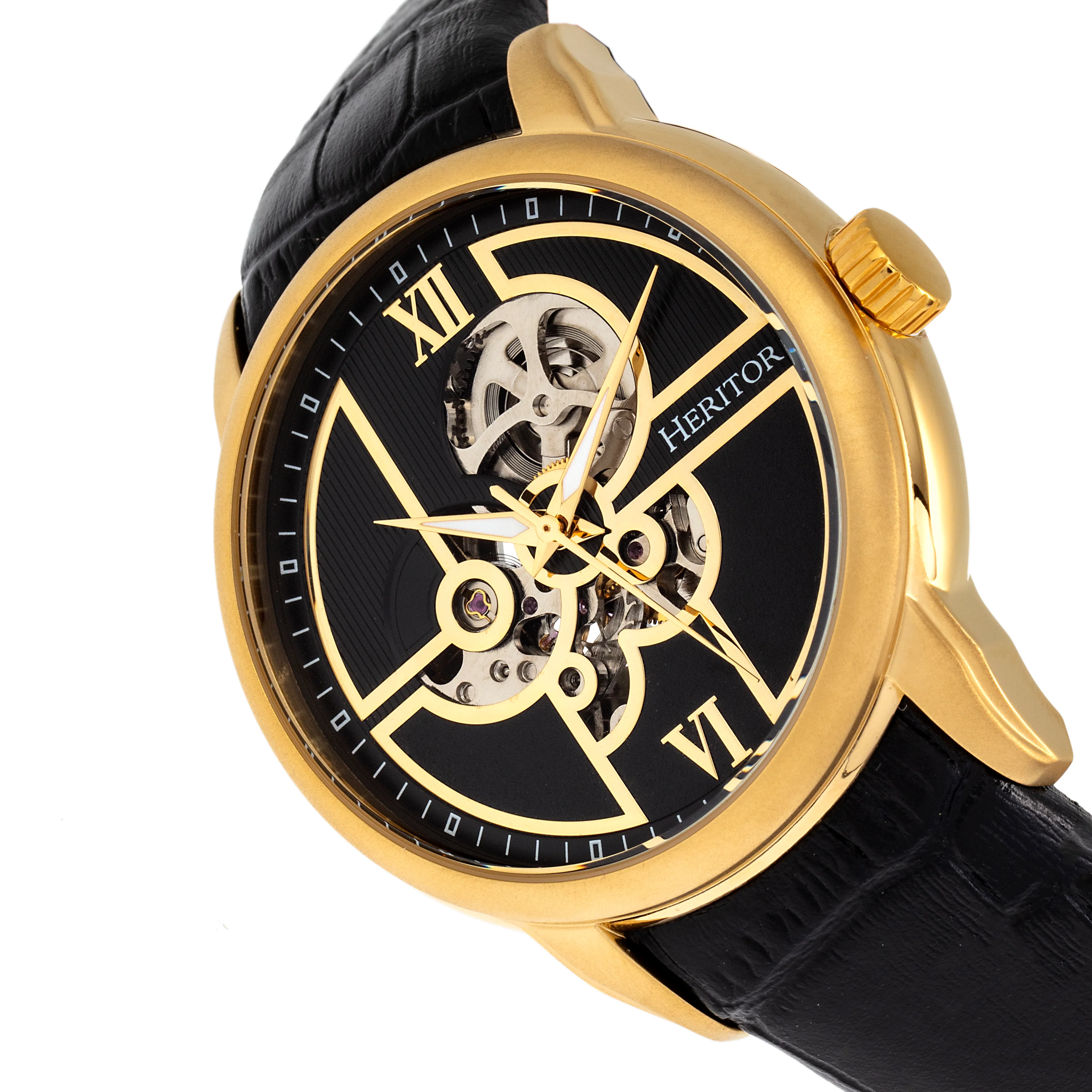 Automatic Sanford Semi-Skeleton Leather-Band Watch Gold/Black | Black Dial - Image 3