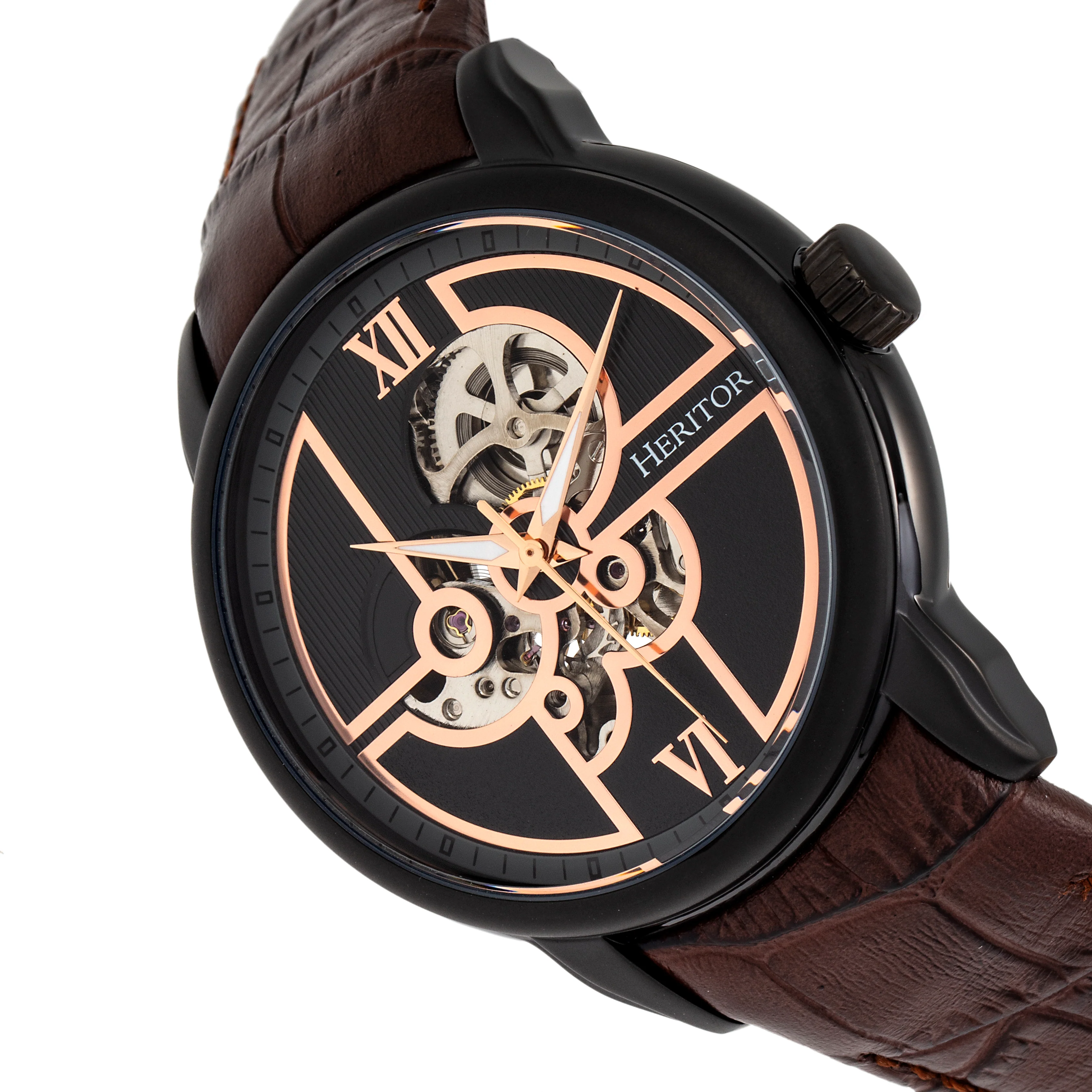 Automatic Sanford Semi-Skeleton Leather-Band Watch Black/Brown | Black Dial - Image 3