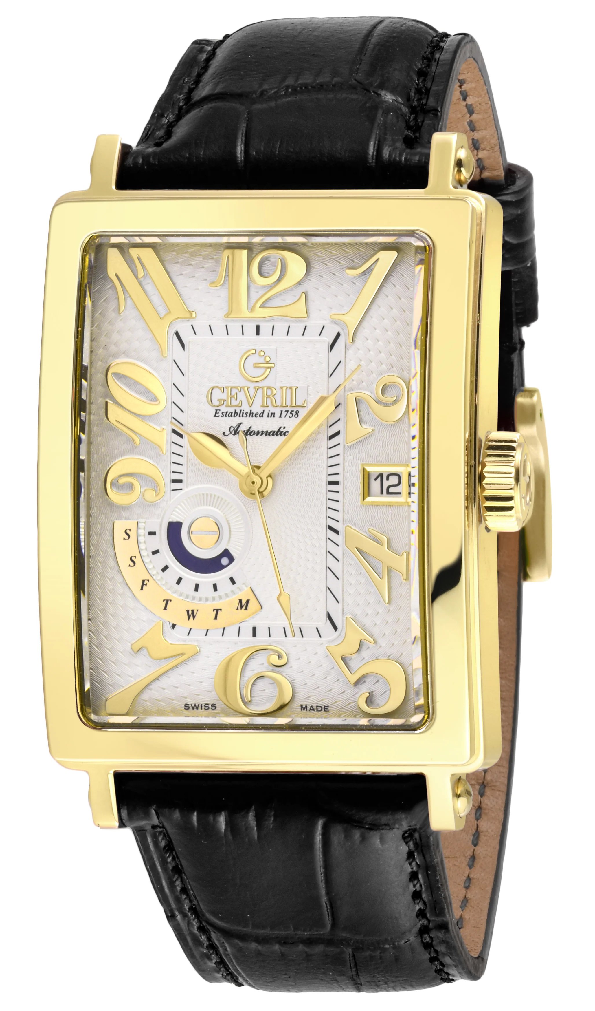 Avenue of Americas Gevril Men's Avenue of America's IPYG Case, Silver/Gold Dial, Genuine Italian Handmade Leather Strap | White Dial