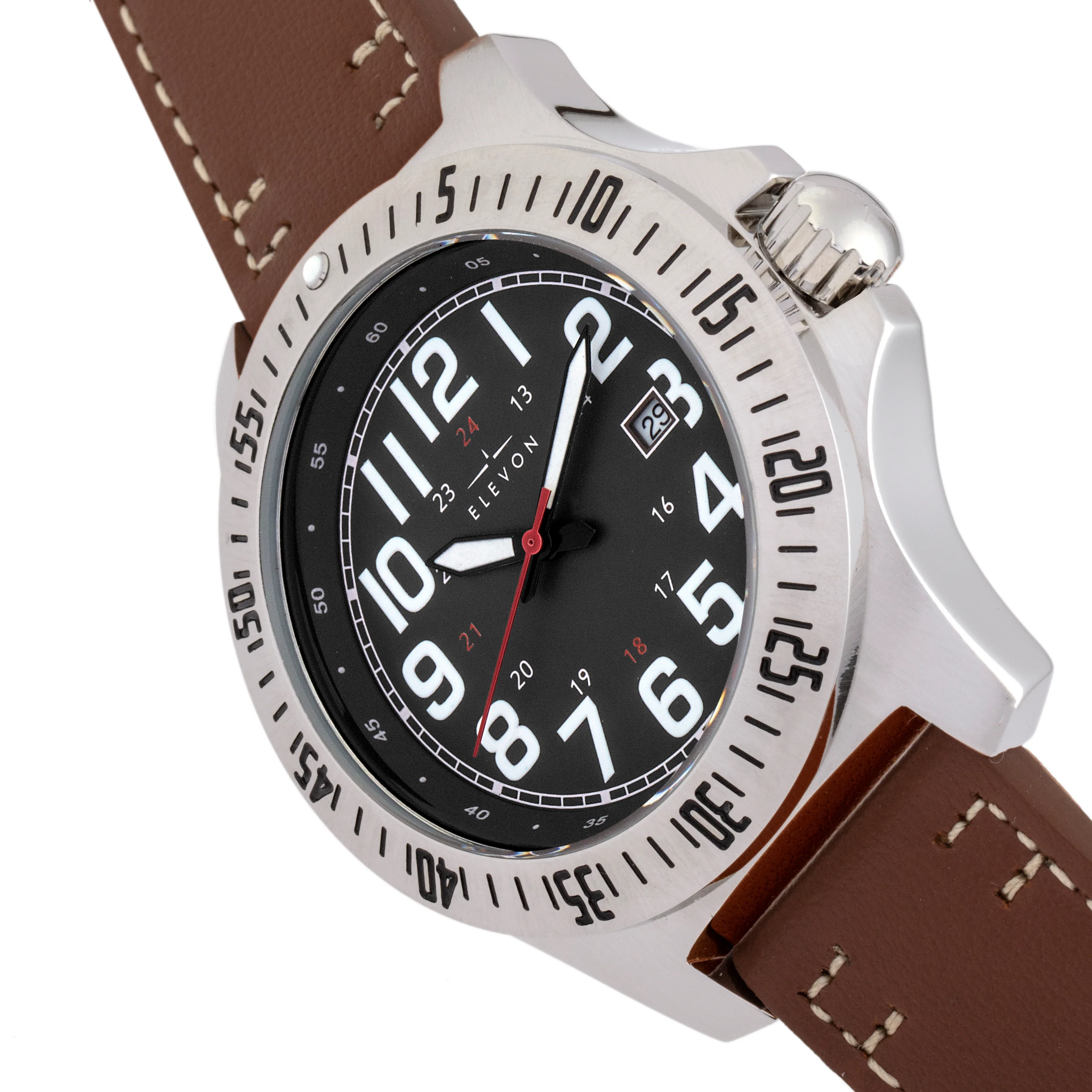 Aviator Leather-Band Watch w/Date Brown/Black | Black Dial - Image 2