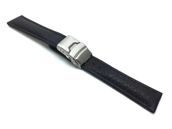 Bandini 18mm Black Italian Leather Watch Band - Deployment Clasp - Semi Padded 18mm / Black / Silver Buckle | Dial