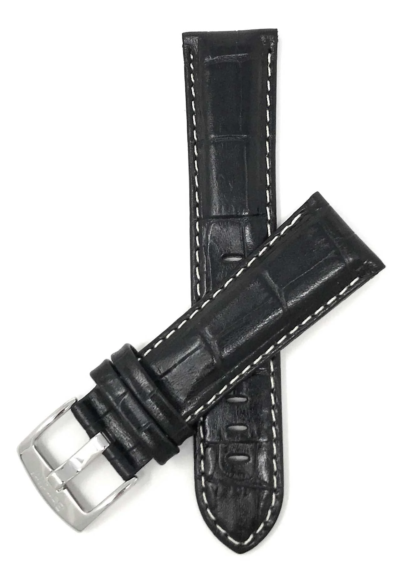 Bandini 18mm Extra long - Black Leather Watch Band - Alligator Pattern - White Stitch - Glossy 18mm Extra long / Black / Silver Buckle | Dial