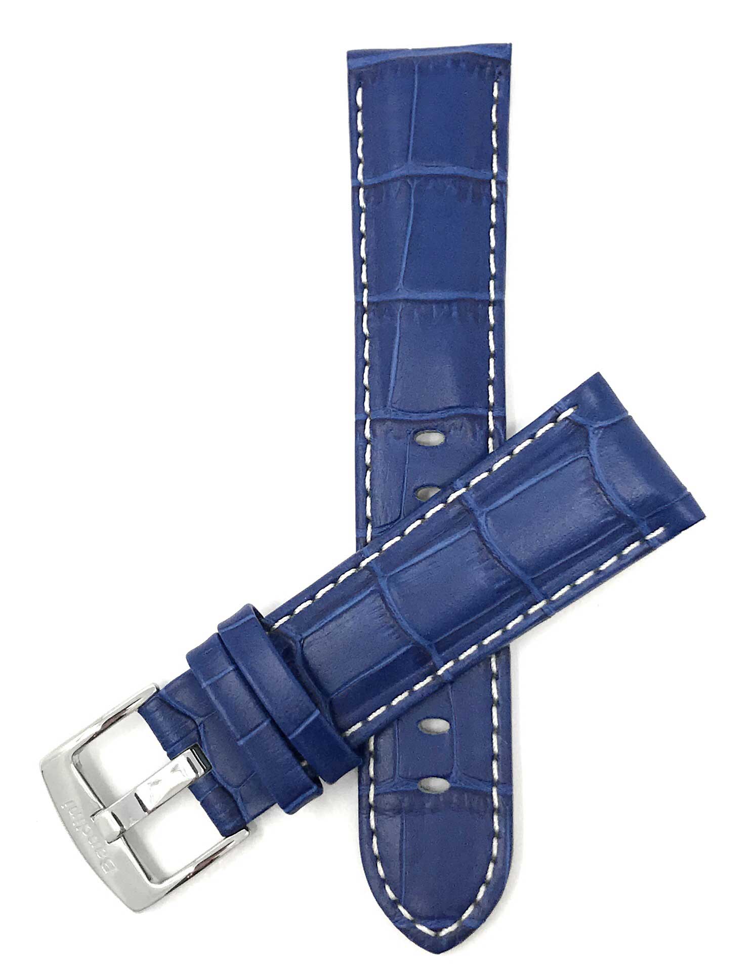 Bandini 18mm Royal Blue Italian Leather Watch Band - Alligator Pattern - White Stitch - Semi-Padded 18mm / Royal Blue / Silver Buckle | Dial