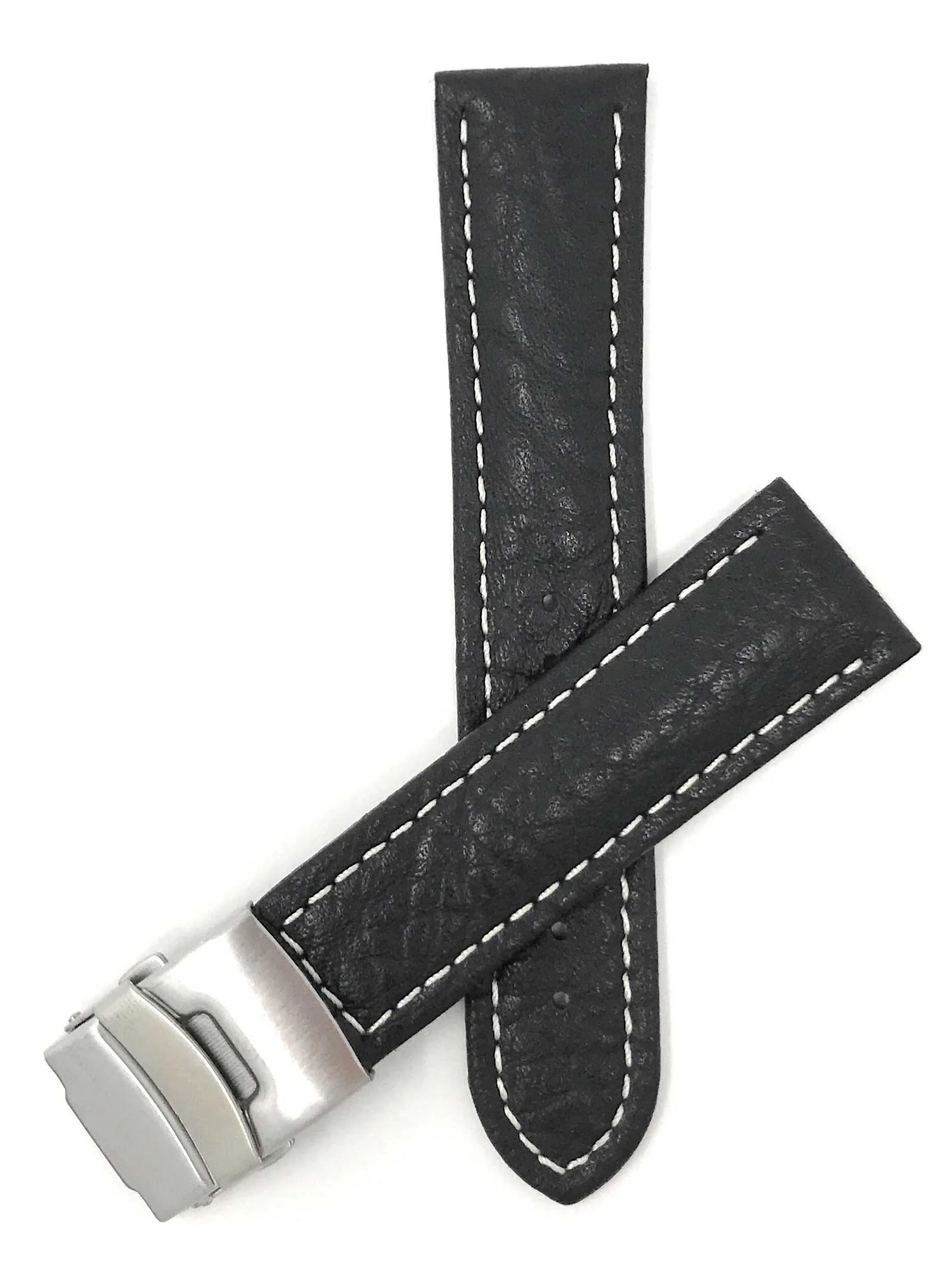 Bandini 20mm Black Italian Leather Watch Band - Deployment Clasp - Semi-Padded 20mm / Black / Silver Buckle | Dial