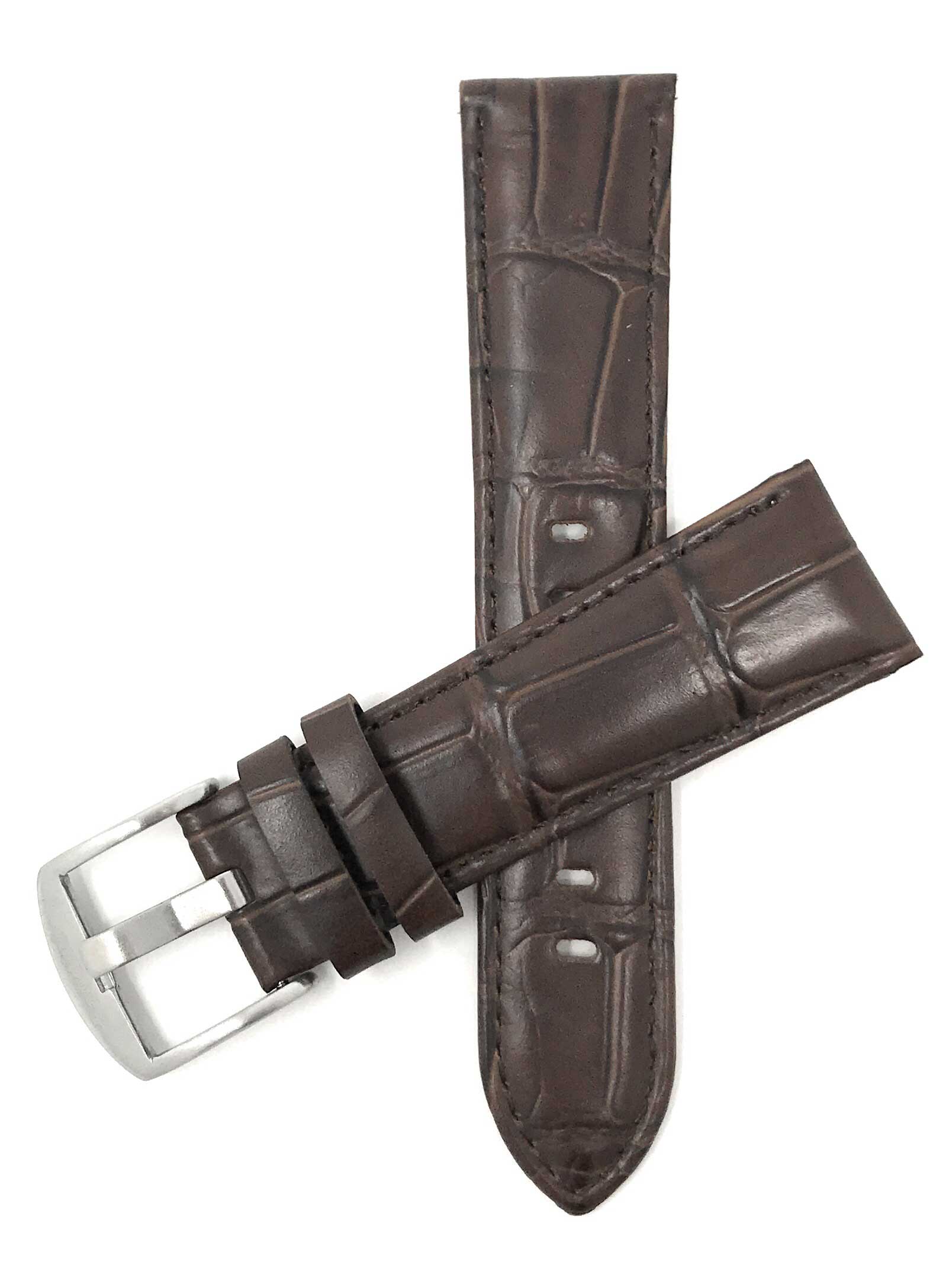 Bandini 20mm Brown Italian Leather Watch Band - Crocodile Pattern - Semi-Padded 20mm / Brown / Silver Buckle | Dial