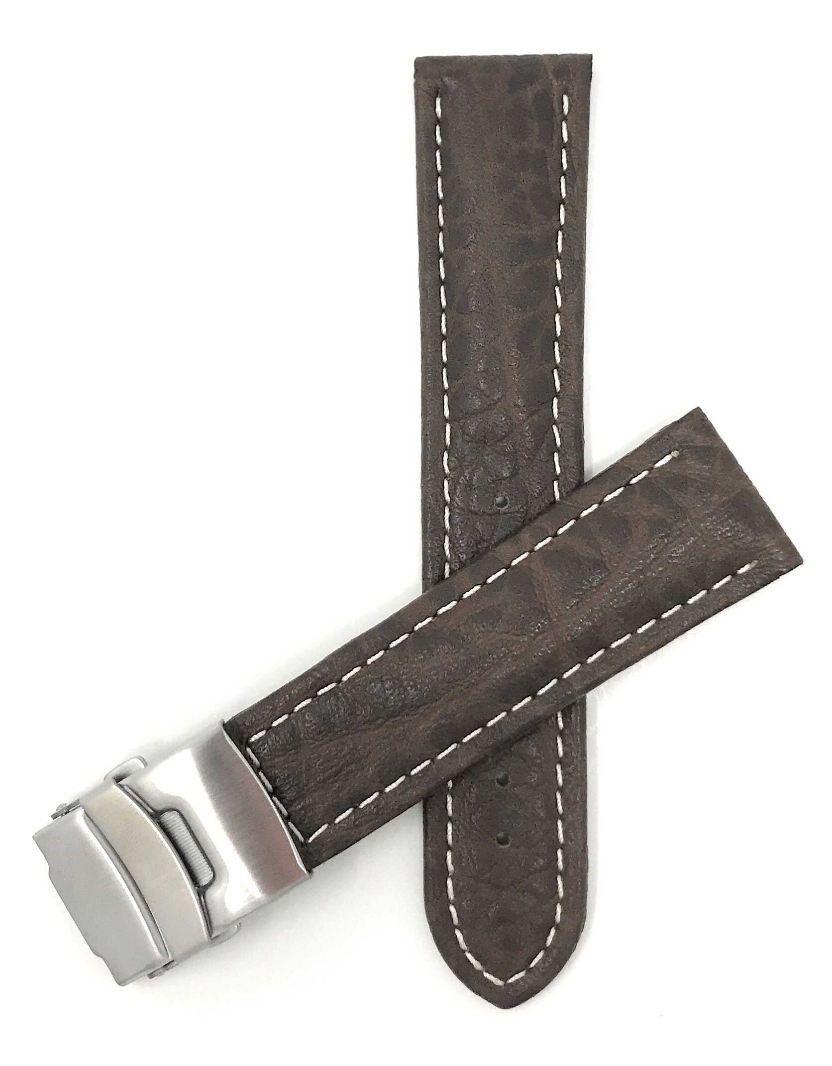 Bandini 20mm Brown Italian Leather Watch Band - Deployment Clasp - Semi-Padded 20mm / Brown / Silver Buckle | Dial