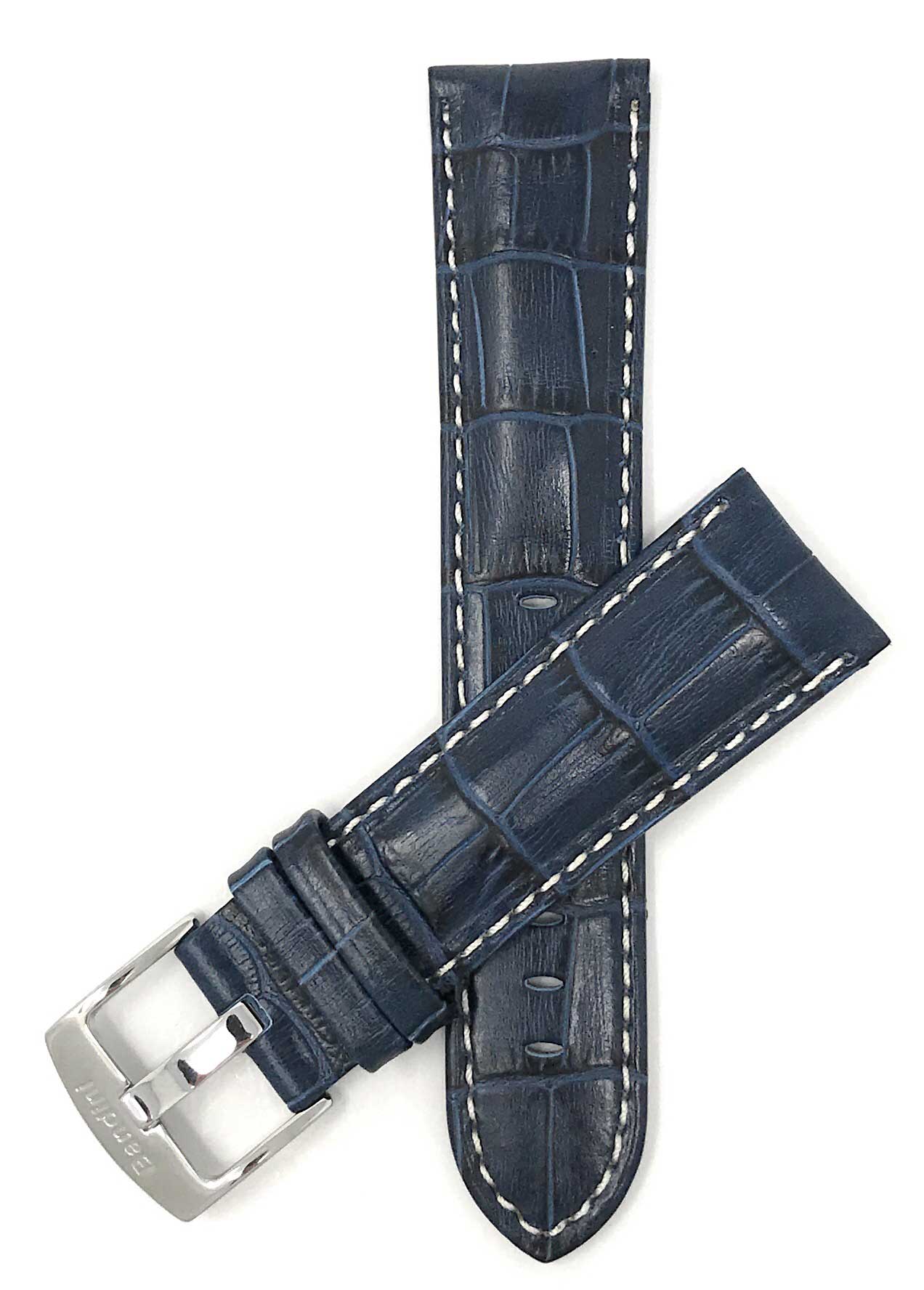 Bandini 20mm Extra long - Blue Italian Leather Watch Band - Alligator Pattern - White Stitch - Glossy 20mm Extra long / Blue / Silver Buckle | Dial