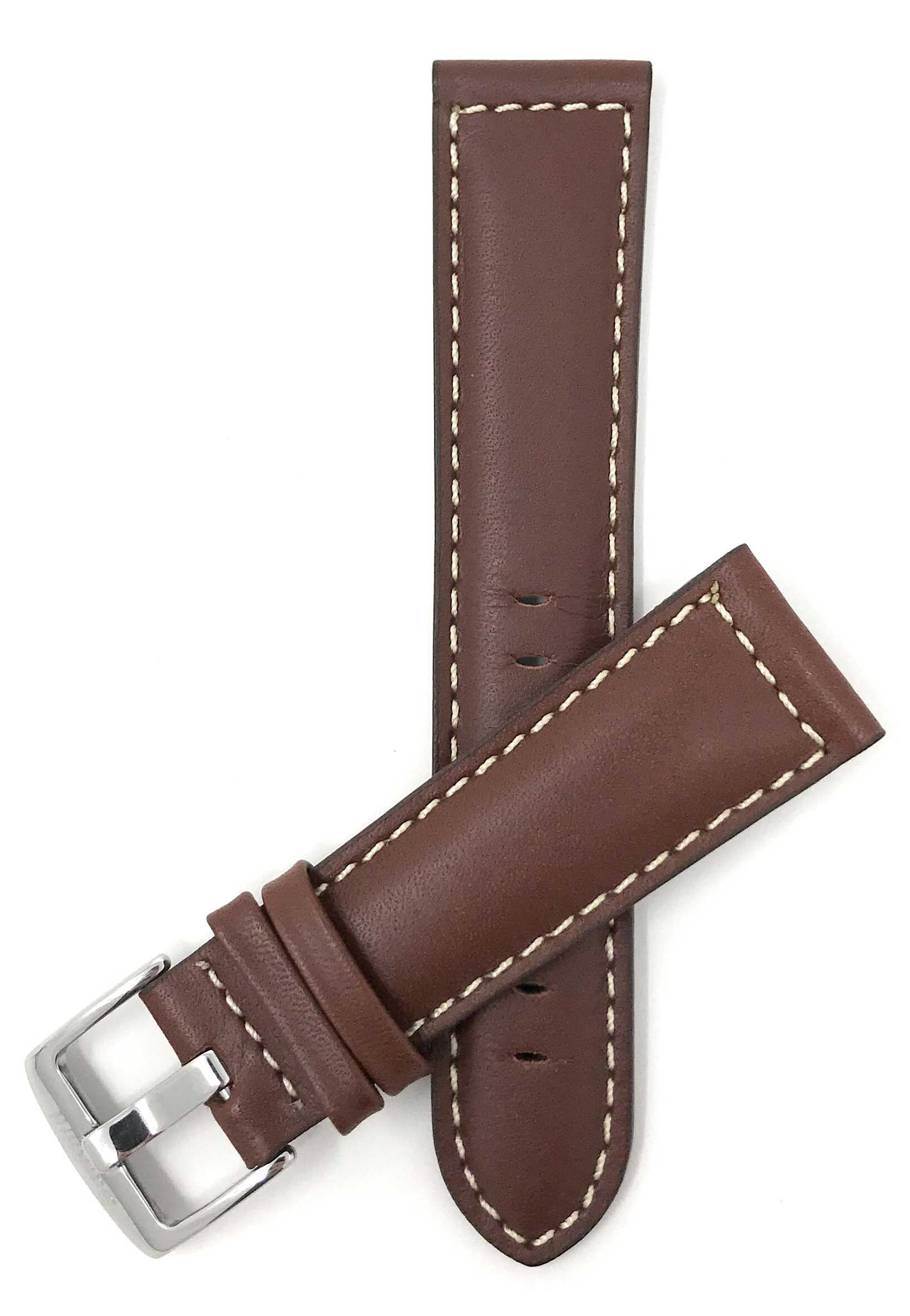 Bandini 20mm Extra long - Light Brown Leather Watch Band - Classic - Padded - White Stitch 20mm Extra long / Light Brown / Silver Buckle | Dial