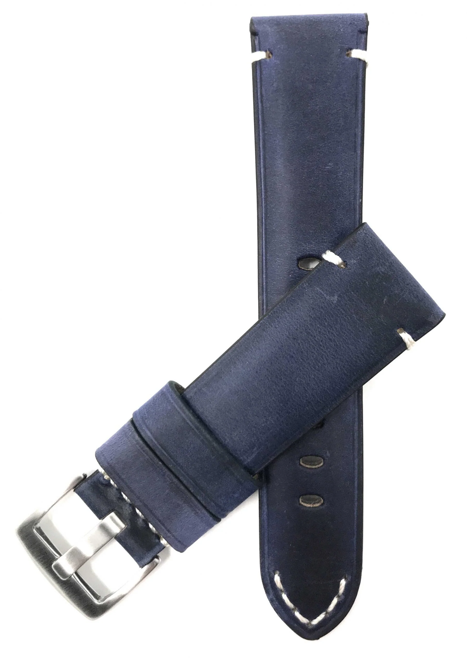 Bandini 22mm Blue Italian Leather Watch Band - Distressed - Padded 22mm / Blue / Silver Buckle | Dial