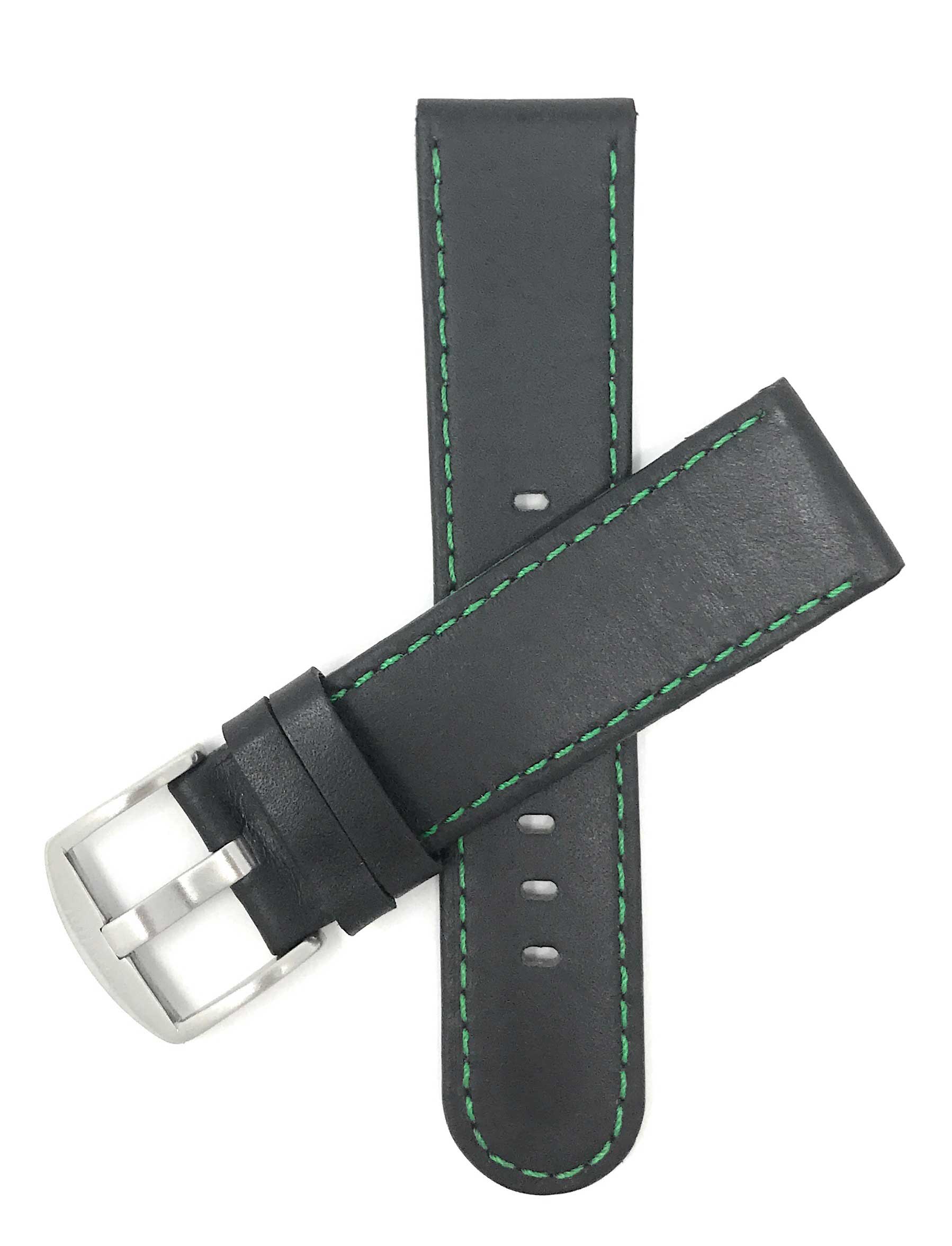 Bandini 24mm Black / Green Italian Leather Watch Band - Racer - Flat 24mm / Black / Green / Silver Buckle | Dial