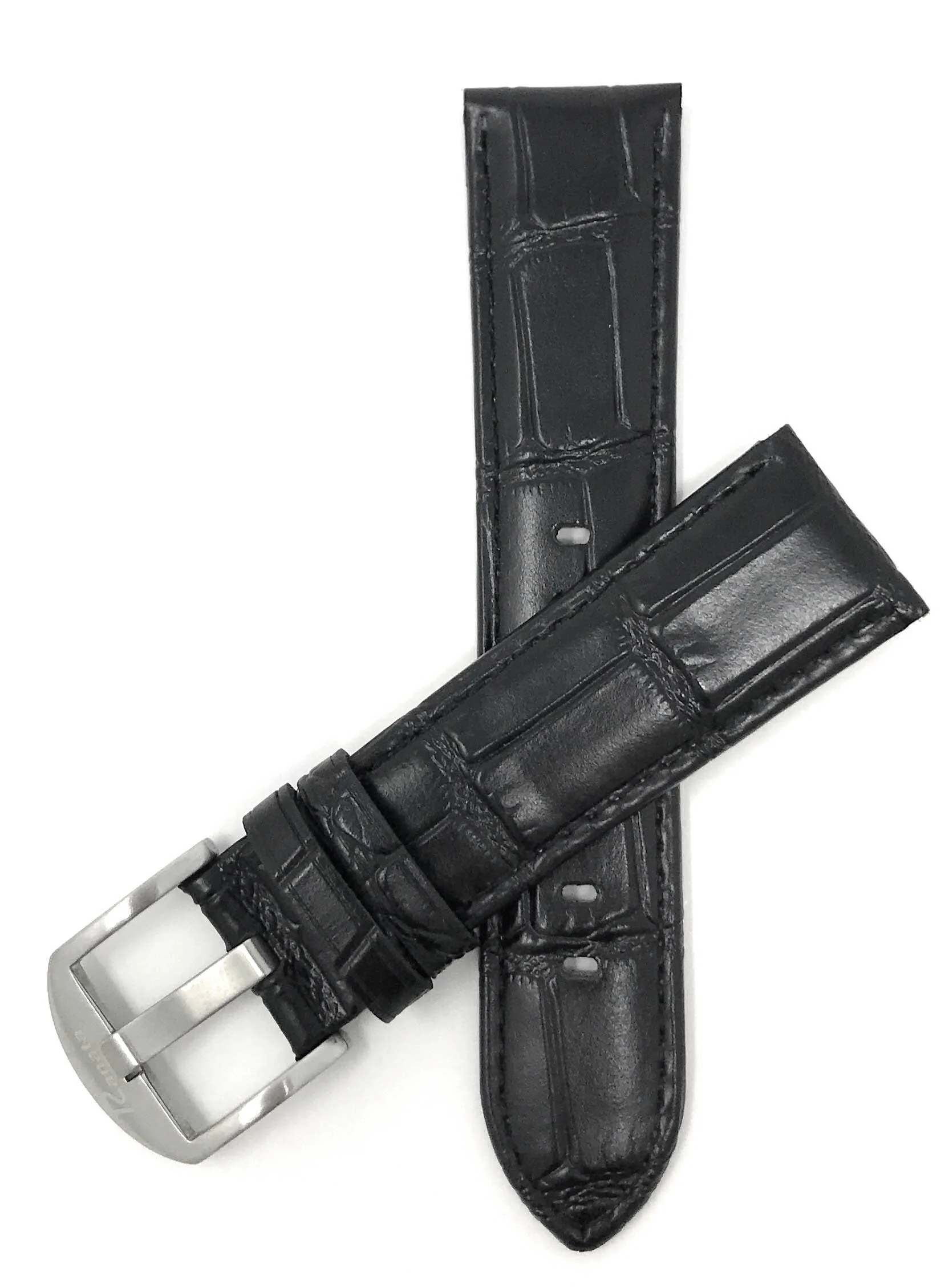 Bandini 24mm Black Italian Leather Watch Band - Crocodile Pattern - Semi-Padded 24mm / Black / Silver Buckle | Dial