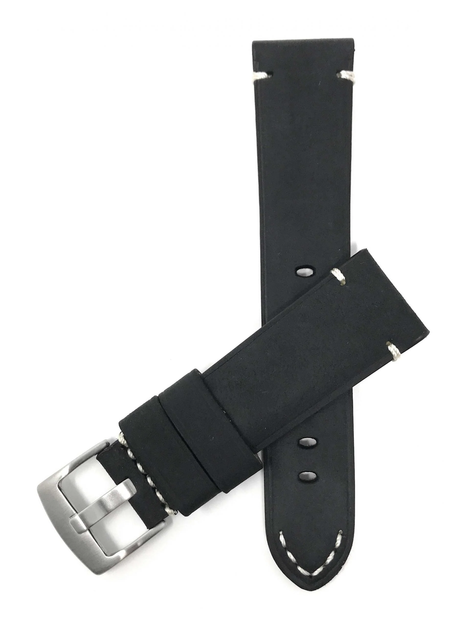 Bandini 24mm Black Italian Leather Watch Band - Distressed - Padded 24mm / Black / Silver Buckle | Dial