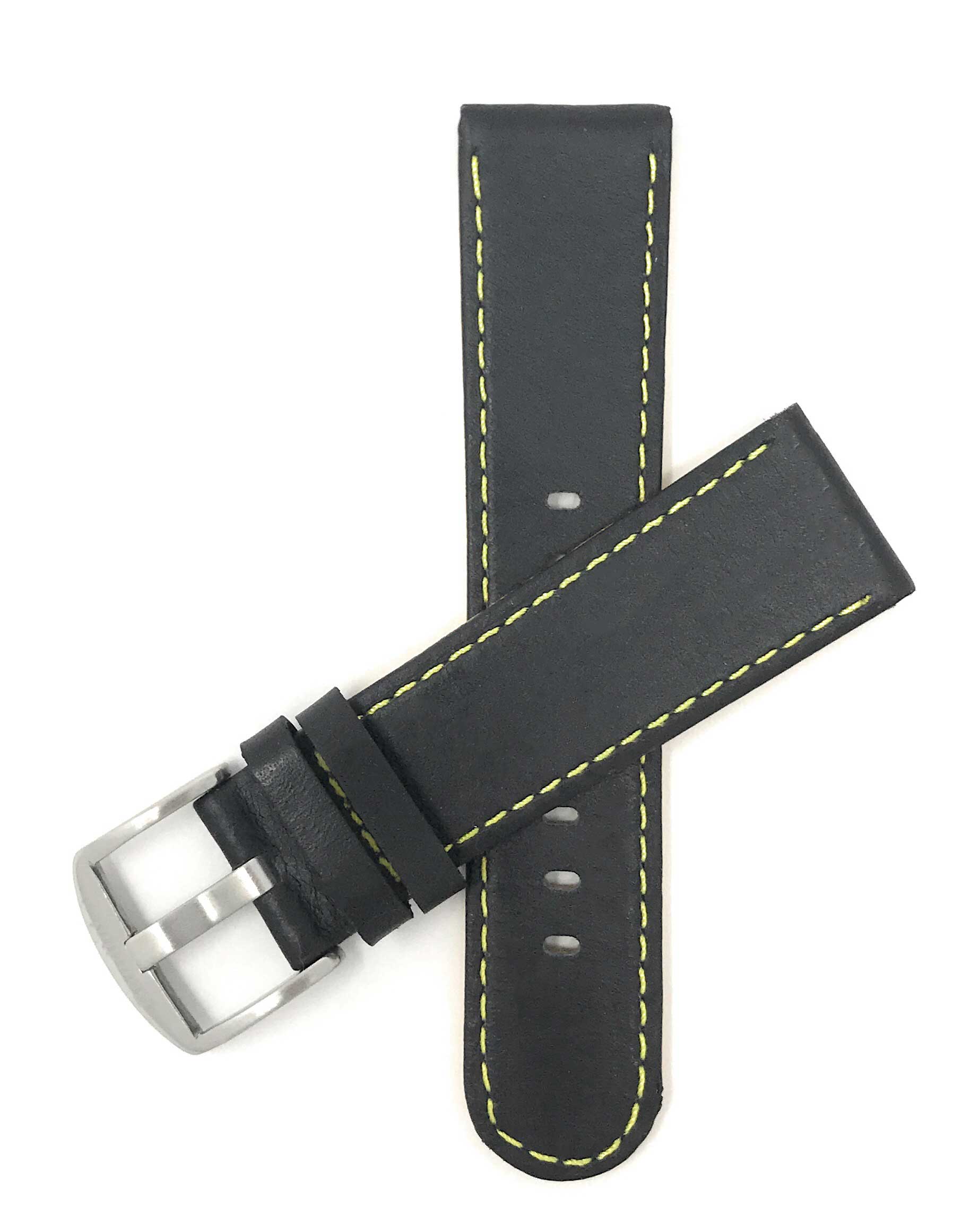 Bandini 24mm Black / Yellow Italian Leather Watch Band - Racer - Flat 24mm / Black / Yellow / Silver Buckle | Dial