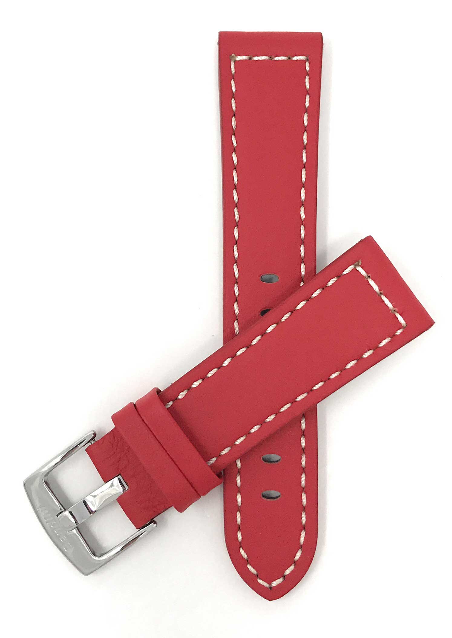 Bandini 24mm Red Italian Leather Watch Band - Racer - White Stitch - Padded 24mm / Red / Silver Buckle | Dial