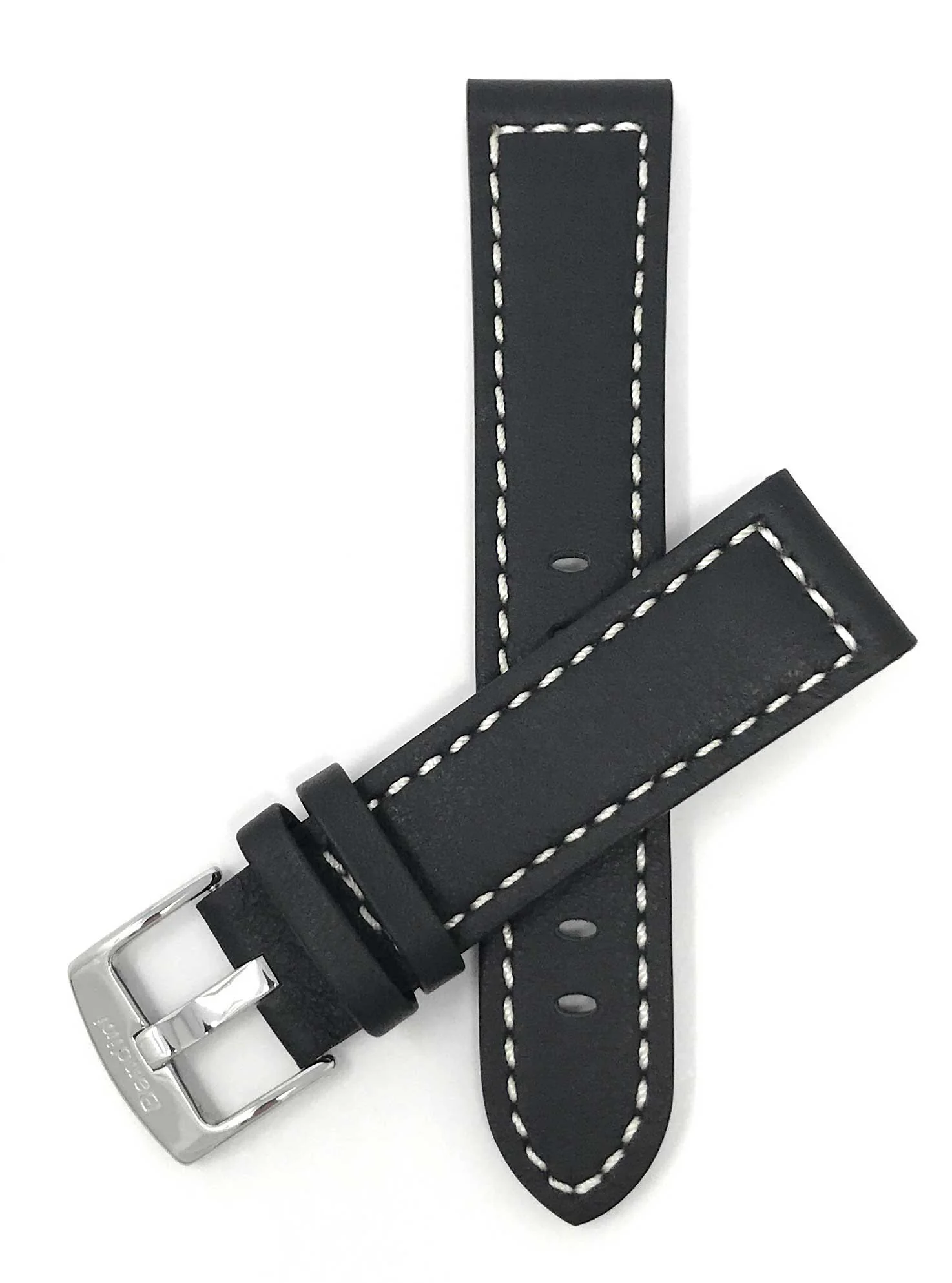Bandini 26mm Black Italian Leather Watch Band - Racer - White Stitch - Padded 26mm / Black / Silver Buckle | Dial