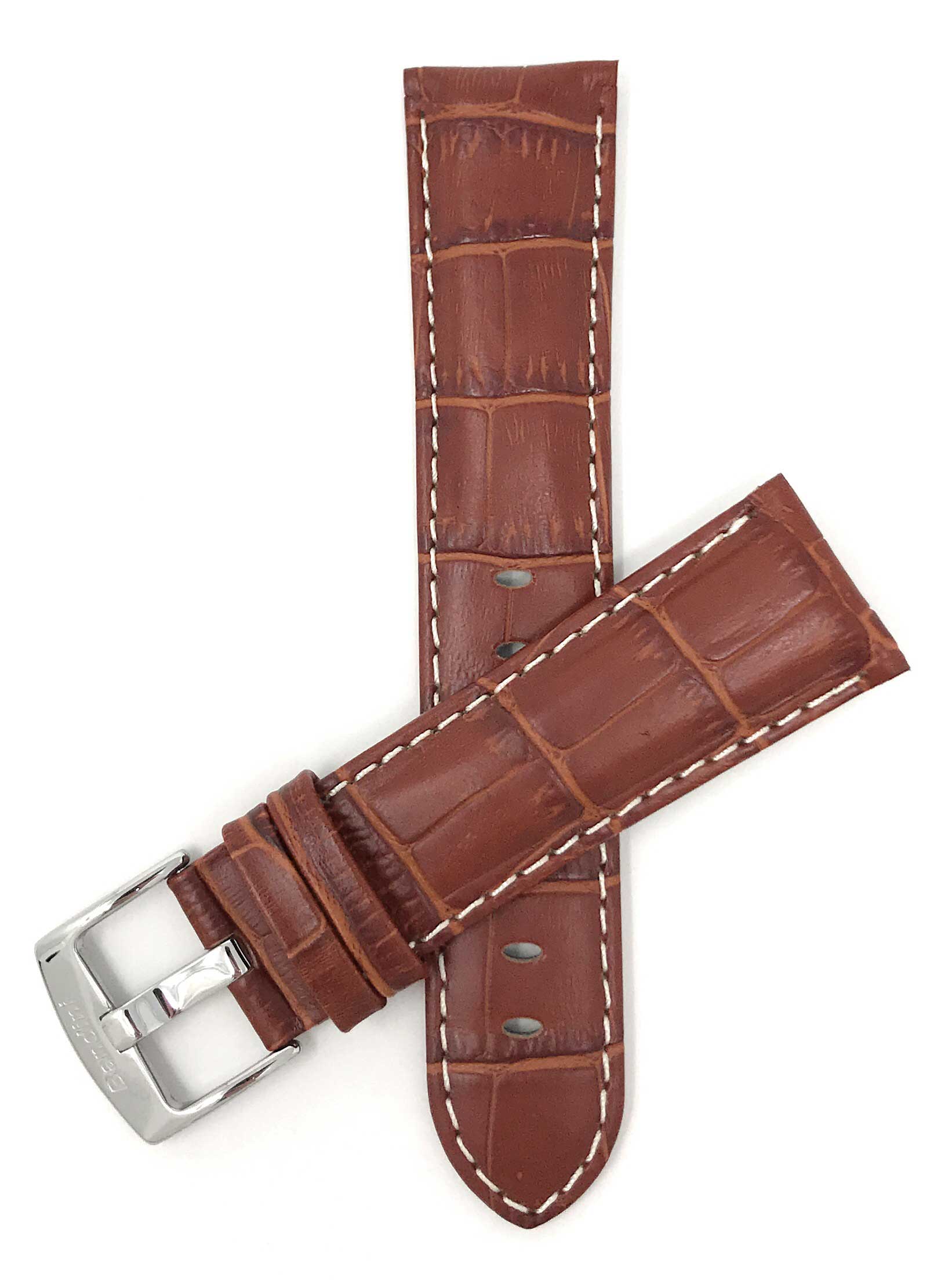 Bandini 26mm Dark Tan Italian Leather Watch Band - Alligator Pattern - White Stitch - Semi-Padded 26mm / Dark Tan / Silver Buckle | Dial