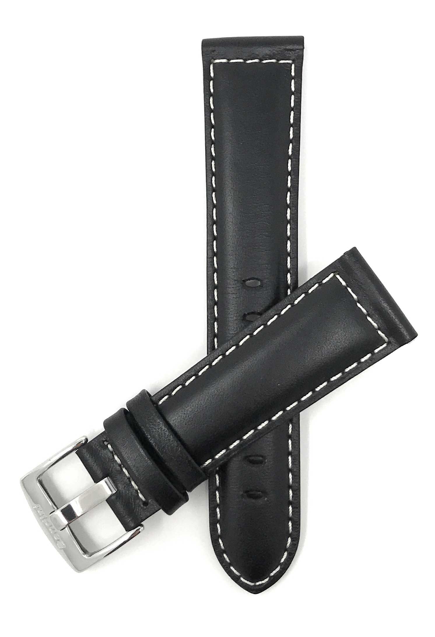 Bandini 26mm Extra long - Black Italian Leather Watch Band - Classic - Padded - White Stitch 26mm Extra long / Black / Silver Buckle | Dial