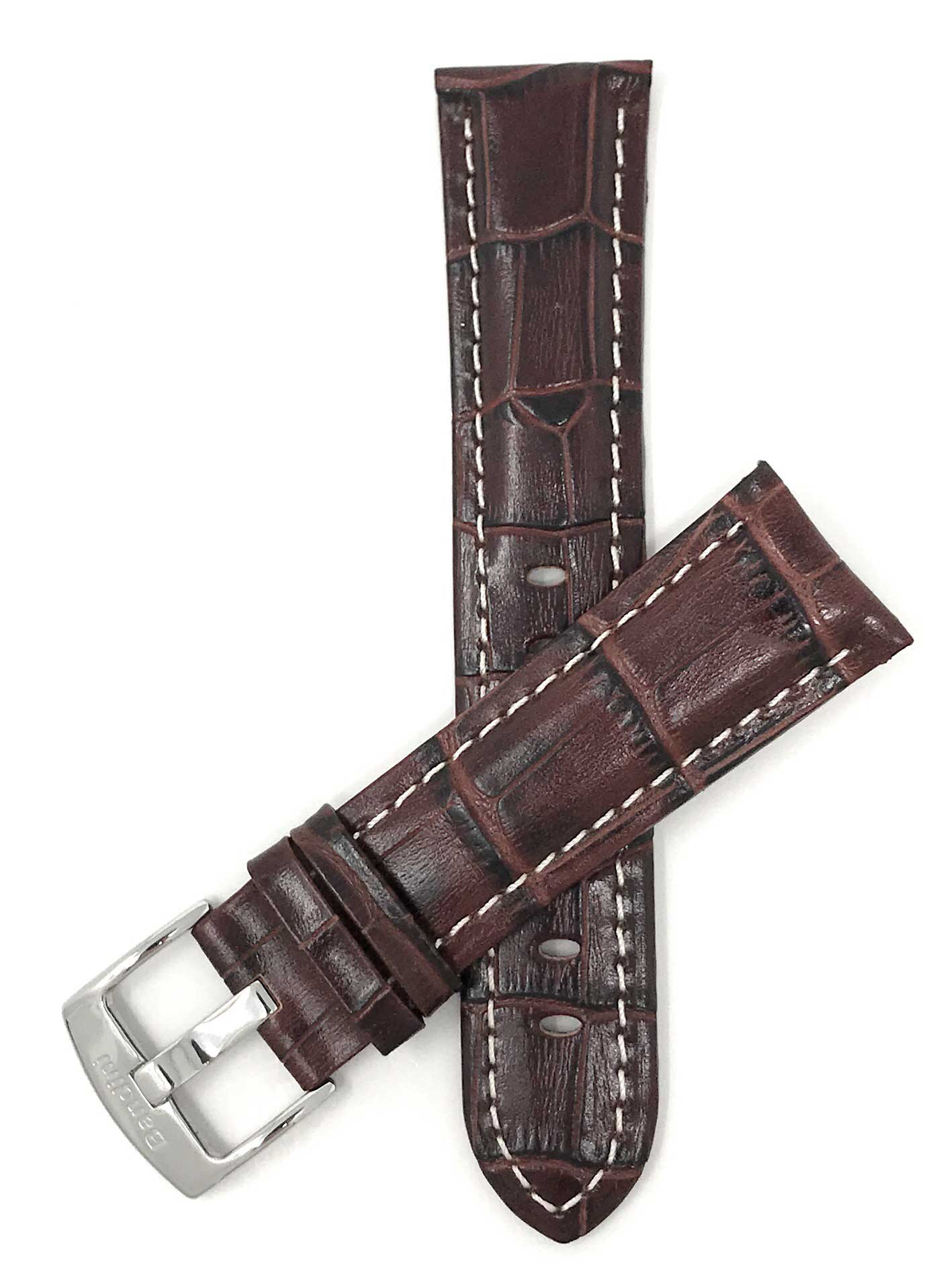 Bandini 26mm Extra long - Brown Leather Watch Band - Alligator Pattern - White Stitch - Glossy 26mm Extra long / Brown / Silver Buckle | Dial
