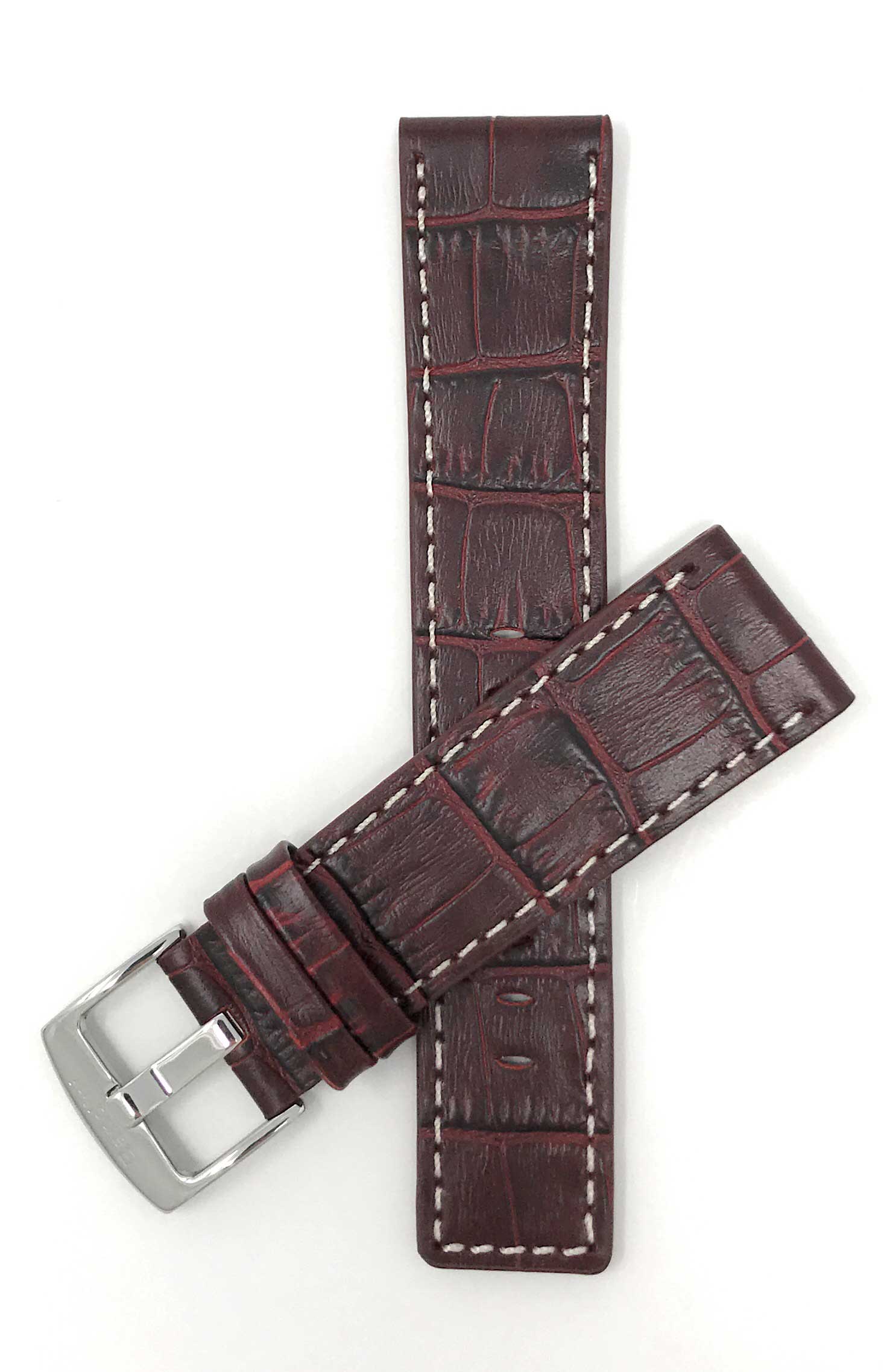 Bandini 30mm Burgundy Italian Leather Watch Band - Alligator Pattern - White Stitch - Semi-Padded 30mm / Burgundy / Silver Buckle | Dial
